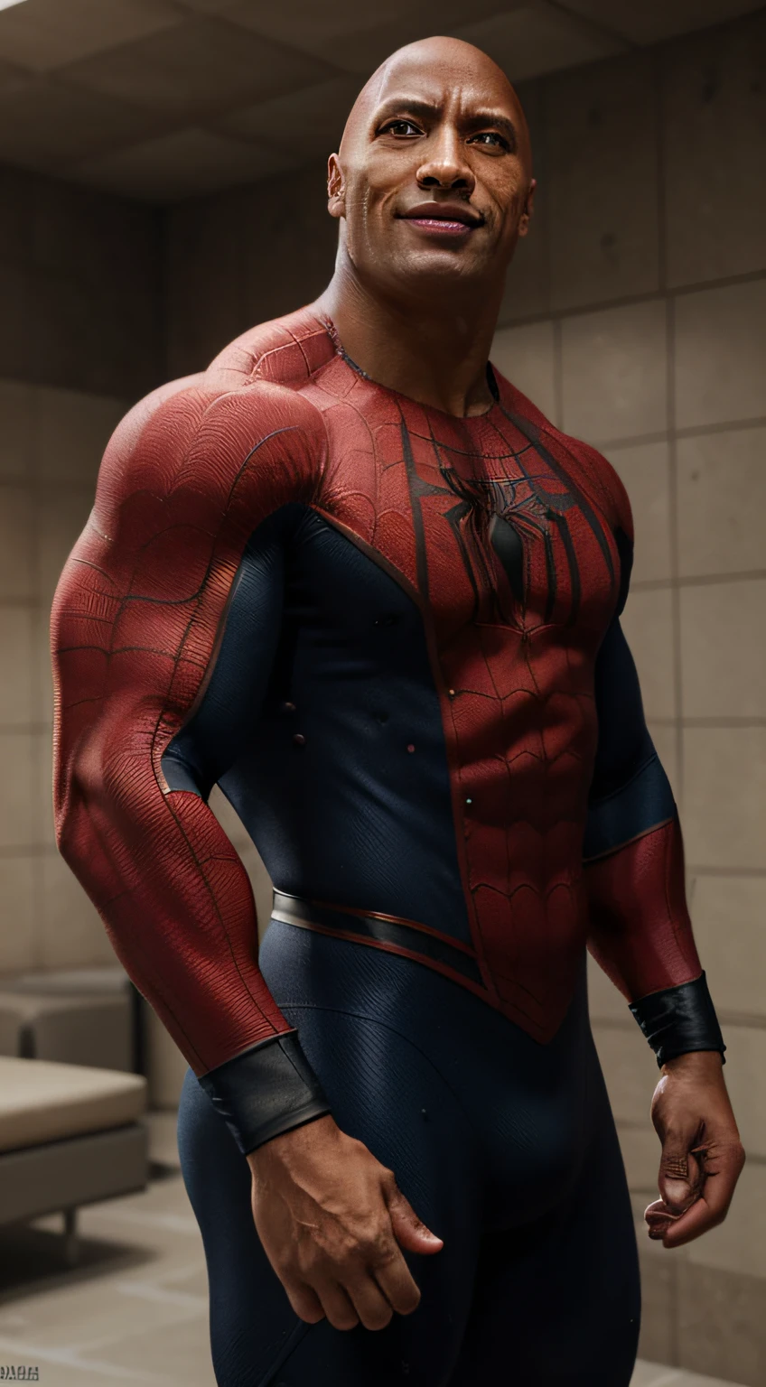 homem (spiderman suit), (((careca, musculoso, Dwayne Johnson The Rock, sorrindo, rindo, casting webs)))), fotorrealista, ultra-detalhado, detalhes intrincados, super detalhado, volumático, HDR, Realistic, Motor irreal, 16k, foco nítido, octan render, da mais alta qualidade, Foto RAW, cinematic composition,