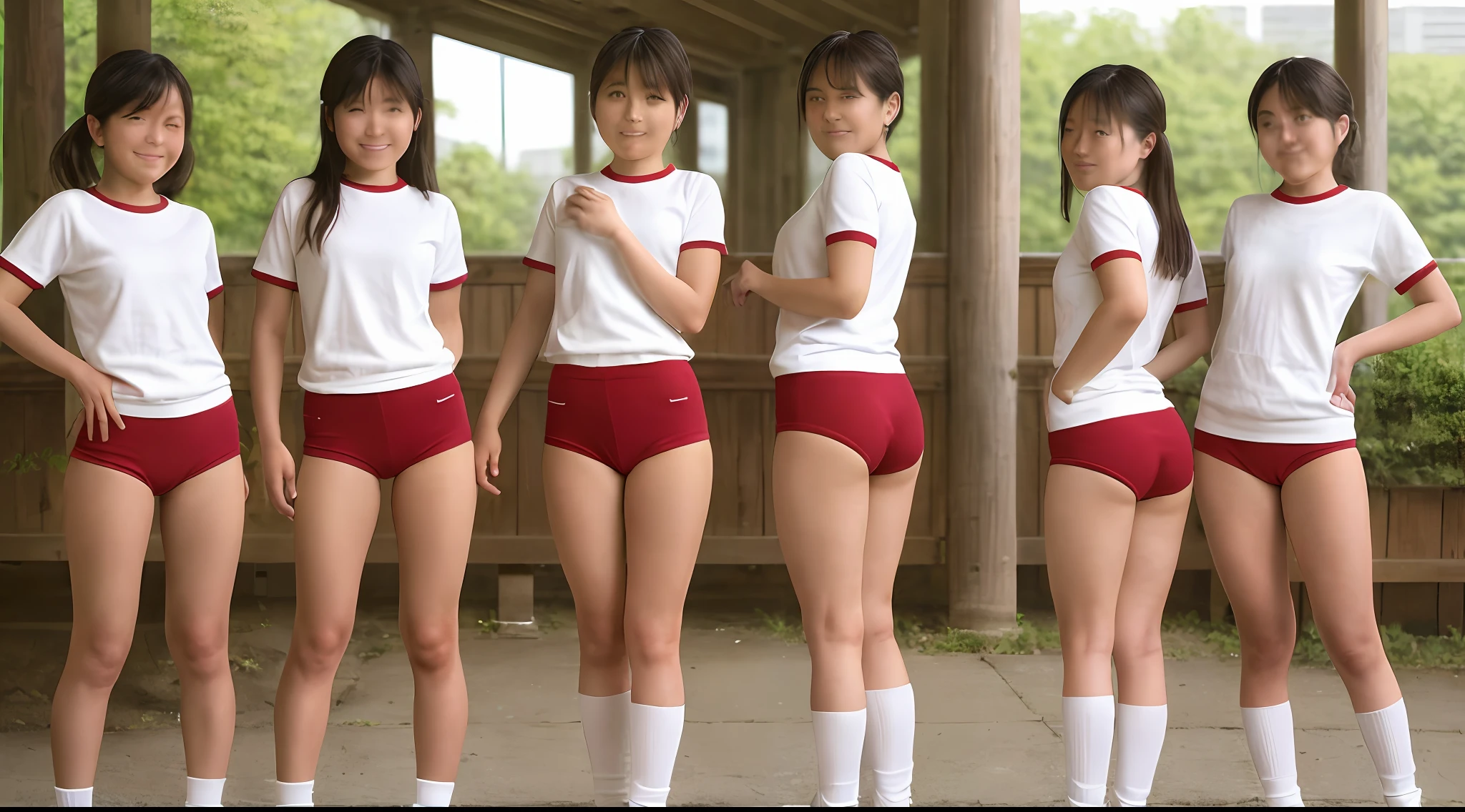 best quality, masterpiece, automobile, police, city, road, black hair, 18 years old pretty four girls, dark blue bloomers, green bloomers, white gym clothes, ass through bloomers, smile, white skin, all four are good friends, flirting, laughing, shy, homosexual,