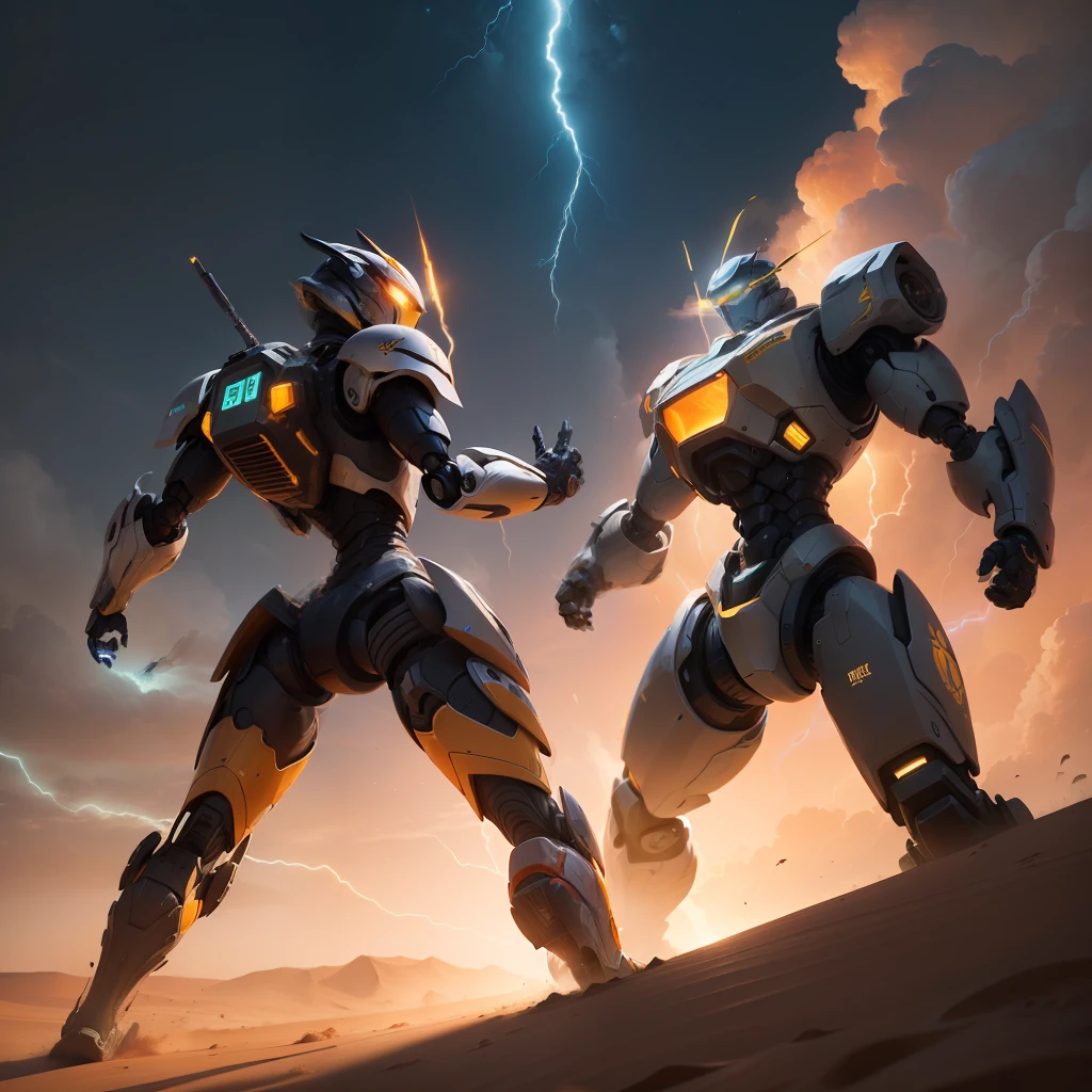 Create a thrilling scene where two transformative robots are facing off in a vast desert during sunset. The energy of battle creates a dance of shadows and lights over the sand dunes.

Appearance of Robots:
Two imposing transforming robots dominate the desert. Com aproximadamente 2,5 metros de altura, They combine sturdy metal details with luminous areas that capture the hues of dusk.

Detalhes da Batalha:
The desert sand is the scene of the intense fight between the two robots. Beams of energy pass through the air as robots move between the dunes. Lightning and debris of sand fly, indicando a intensidade dos golpes.

Transformations and Skills:
Robots can transform into alternative forms, ampliando suas habilidades para a batalha. Um assume a forma de um jato veloz, enquanto o outro se converte em um tanque robusto. Their transformations add a strategic element to the struggle.

Lighting and Atmosphere:
O sol poente mergulha o deserto em tons quentes de laranja e vermelho, Creating a spectacular backdrop of light and shadow. The beams of energy and explosions cast fleeting glows on the sand, highlighting the contours of robots.

Expressions and emotions:
The robots exhibit expressions of intense concentration and determination. Their luminescent eyes radiate an intense glow as they calculate strategies of attack and defense. The environment is electrically charged with metallic sounds and buzzes of energy.