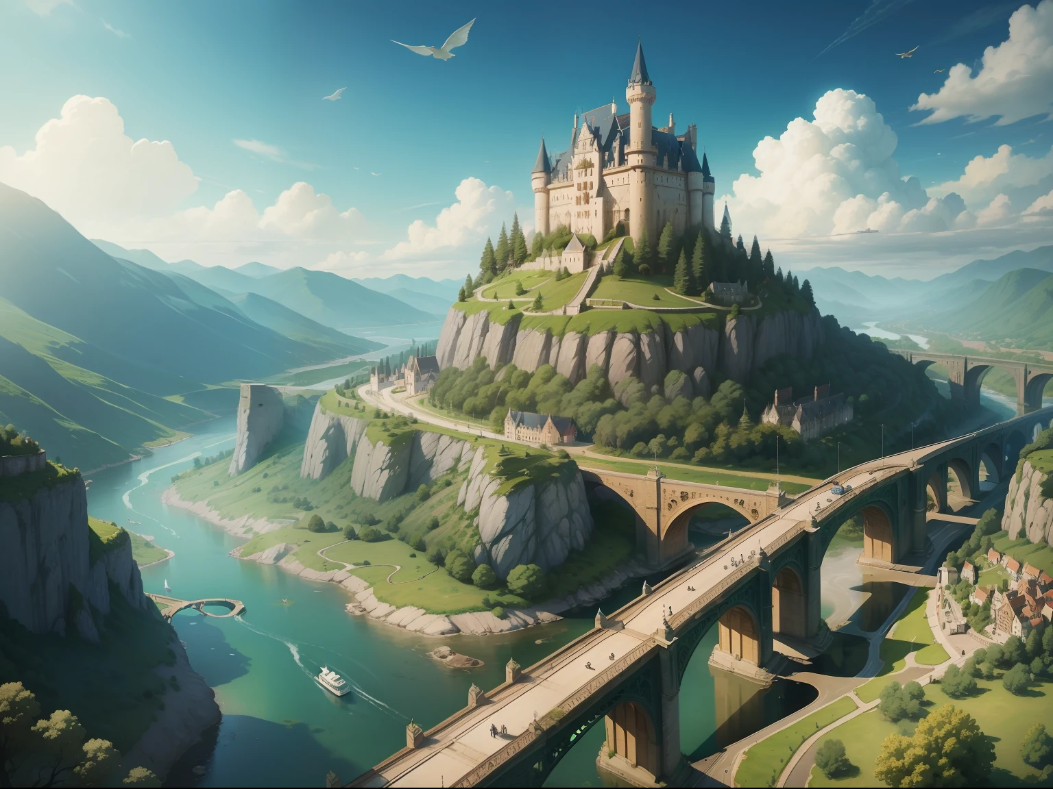 castle above the hill, small lush green village in bottom, river aside, dragons flying above the sky, train moving behind through bridge