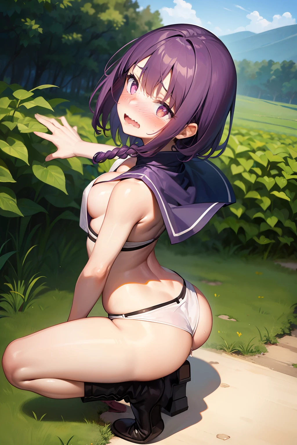best quality, masterpiece, (from above:1.3), squatting, spread legs, (peeing:1.3), hidden, 1girl, yuzuriha_(jigokuraku), purple hair, brown eyes, ninja, open clothes, cleavage, small breasts, topknot, medium hair, white obi, (looking back:1.1), outdoors, forest, (blush:1.2), (wavy mouth:1.4), (wide eyed:1.2), open mouth, purple boots, (reaching out:1.2), bush, (embarrassed:1.3), , hidden