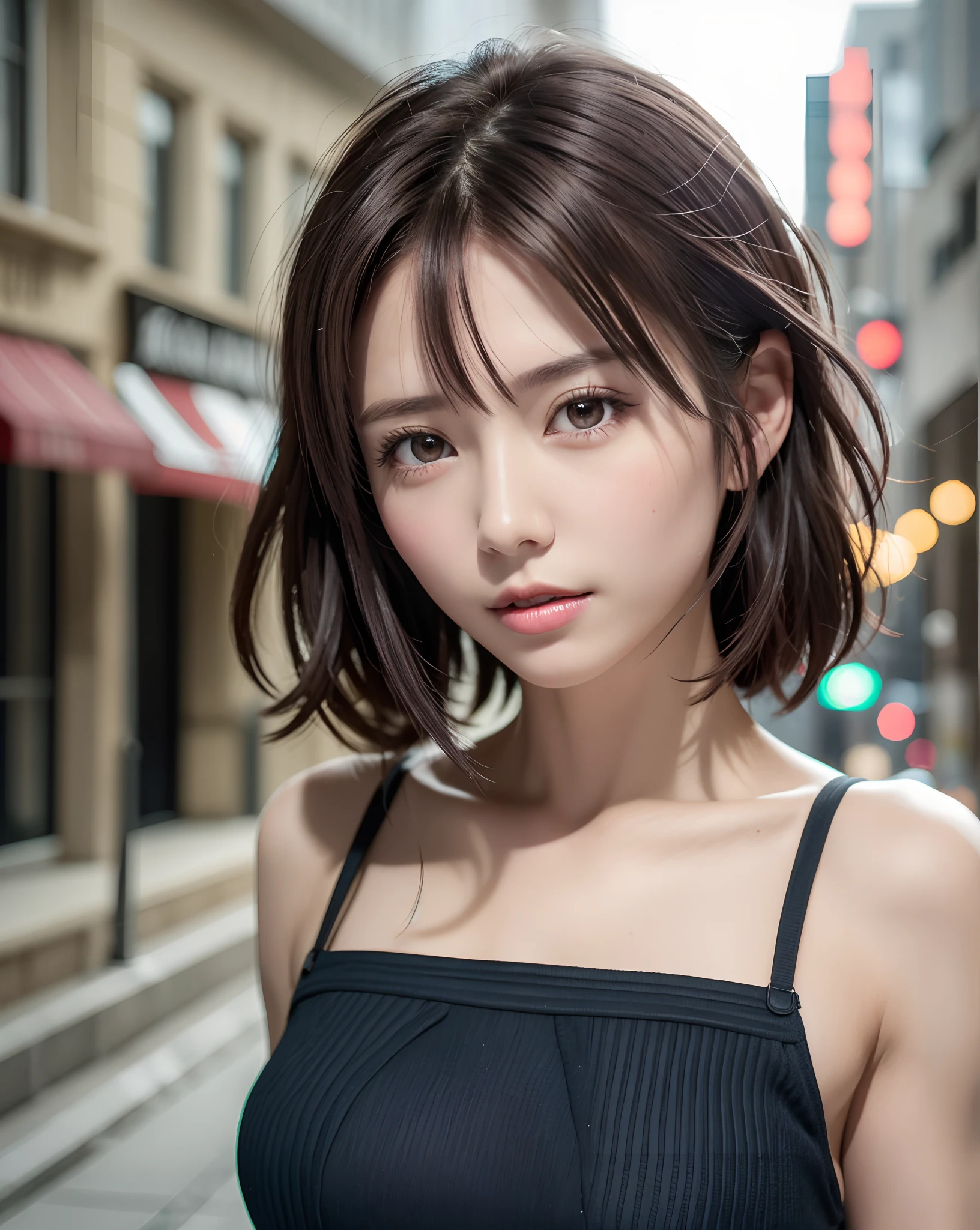 random pose, mix4, (8k, RAW photo, best quality, masterpiece: 1.45), (realistic, photorealistic: 1.37), one girl, cute, cityscape, night, rain, wet, professional lighting, photons mapping, radiosity, physically based rendering, gradient black hair, gray hair, short curly hair, handsome, girl, Deep V-neckline slip dress, pale skin, top quality photo, high res, 1080p, (clear face), (detailed face description), (detailed hand description), (masterpiece), (exquisite CG), extreme light and shadow, disheveled hair, master work, rich details, (fine facial features), (highest quality photo), (masterpiece), (detailed eyes), look in front of you eyes, fine clavicle, (huge breasts:1.47),