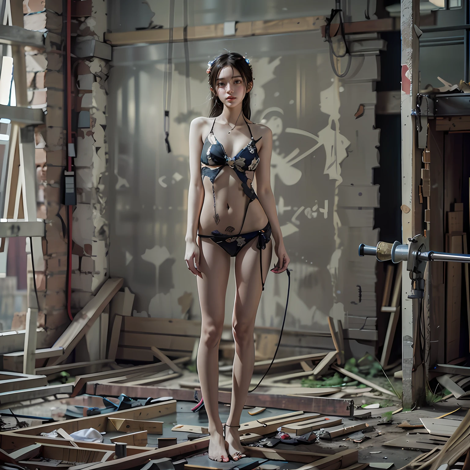 Abandoned construction sites,Sexy standing pose,Full body portrait 1.1,18 years old girls,Slender and slender figure,Skinny,As thin as a whipping post,Smaller bust,The barefoot,(Random nudity all over the body),exhibitionists,(Random exposure of genitals),face to the viewer