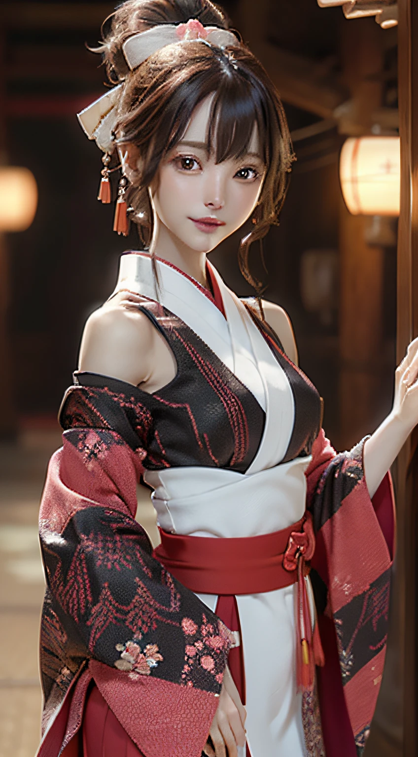 Official art, 统一 8k 壁纸, ultra-detailliert, Beautifully Aesthetic, masterpiece, top-quality, (Zentangle, Tangles, Entanglement), (Fractal Art: 1.4), 1girl in, A dark-haired, japanse, bare shoulders, a short skirt, Calf, a navel, ighly detailed, dynamic ungle, cowboy shot, (The most beautiful forms of chaos), A flowing, (bright colour), nffsw, (half: 1.2), japanese-inspired, (Tanka Flying Sky: 1.5), (bow ribbon: 1.3), (Dreams: 1.5), (A Japanese style: 1.5), Japan Phoenix、(A smile:0.5)、(japanese god)、