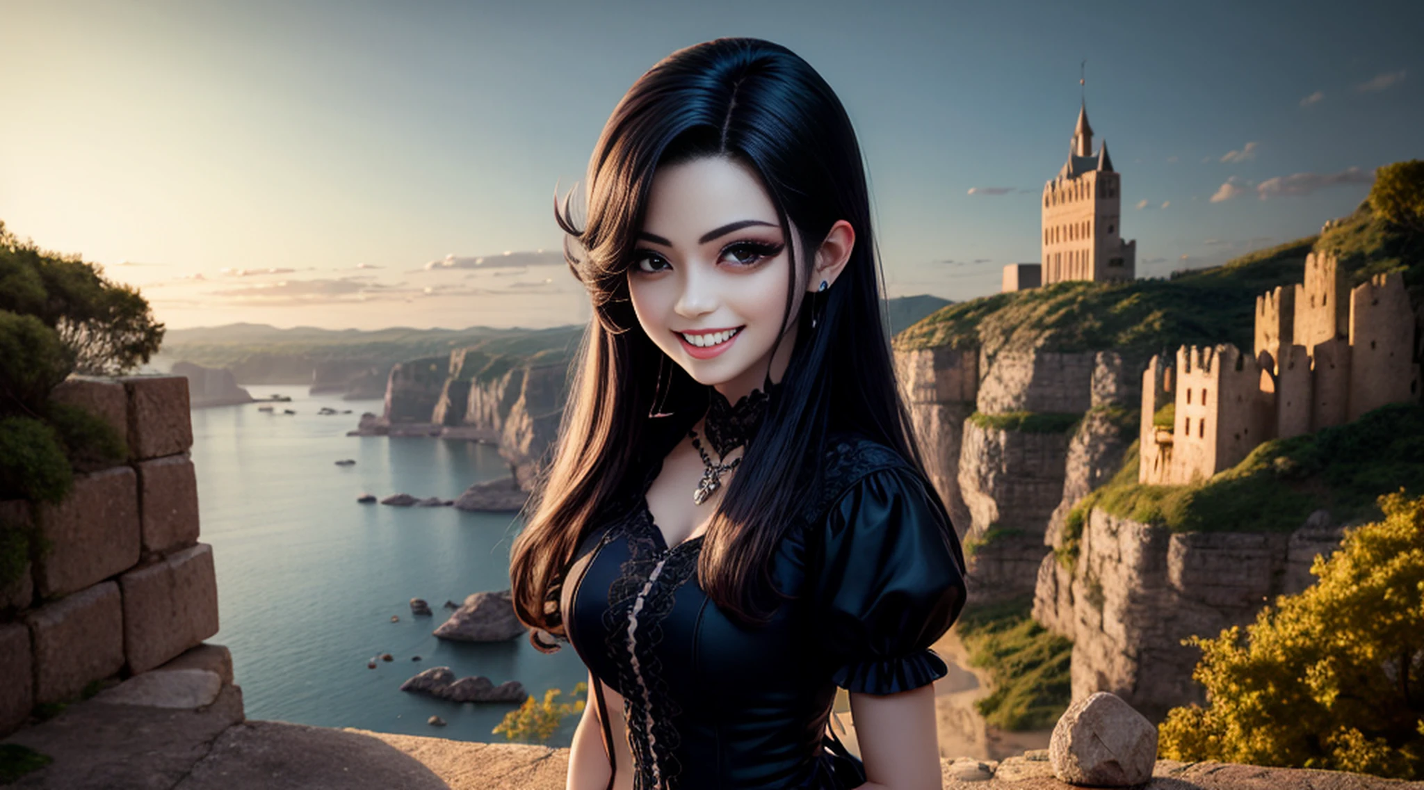 uma mulher vampiro em um vestido preto, decote, sorriso maligno, mostrando os dentes, olhos vermelhos, standing on a cliff, castelo assustador e montanhas ao fundo, durante a noite,