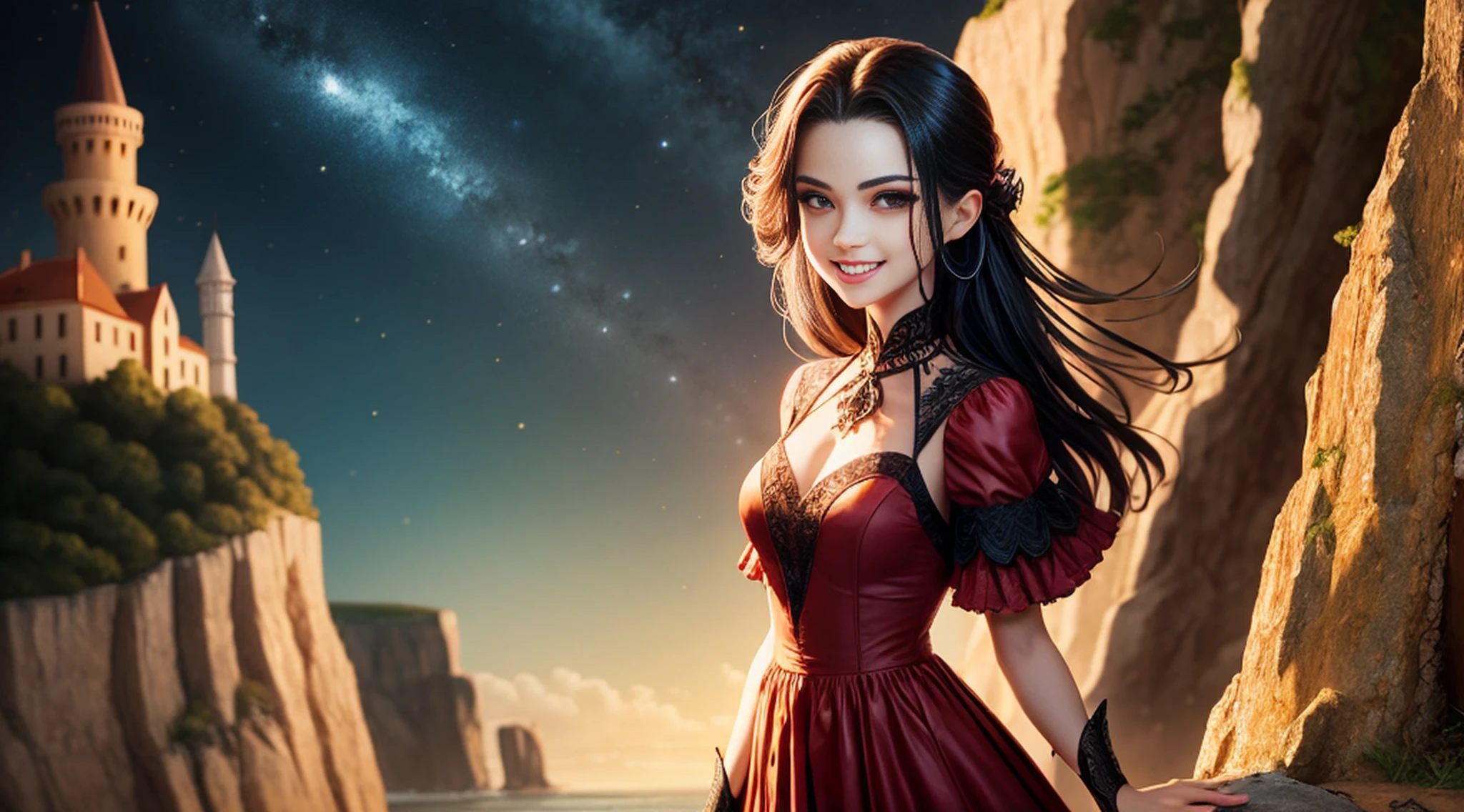 uma mulher vampiro em um vestido preto, decote, sorriso maligno, mostrando os dentes, olhos vermelhos, standing on a cliff, castelo assustador e montanhas ao fundo, durante a noite,