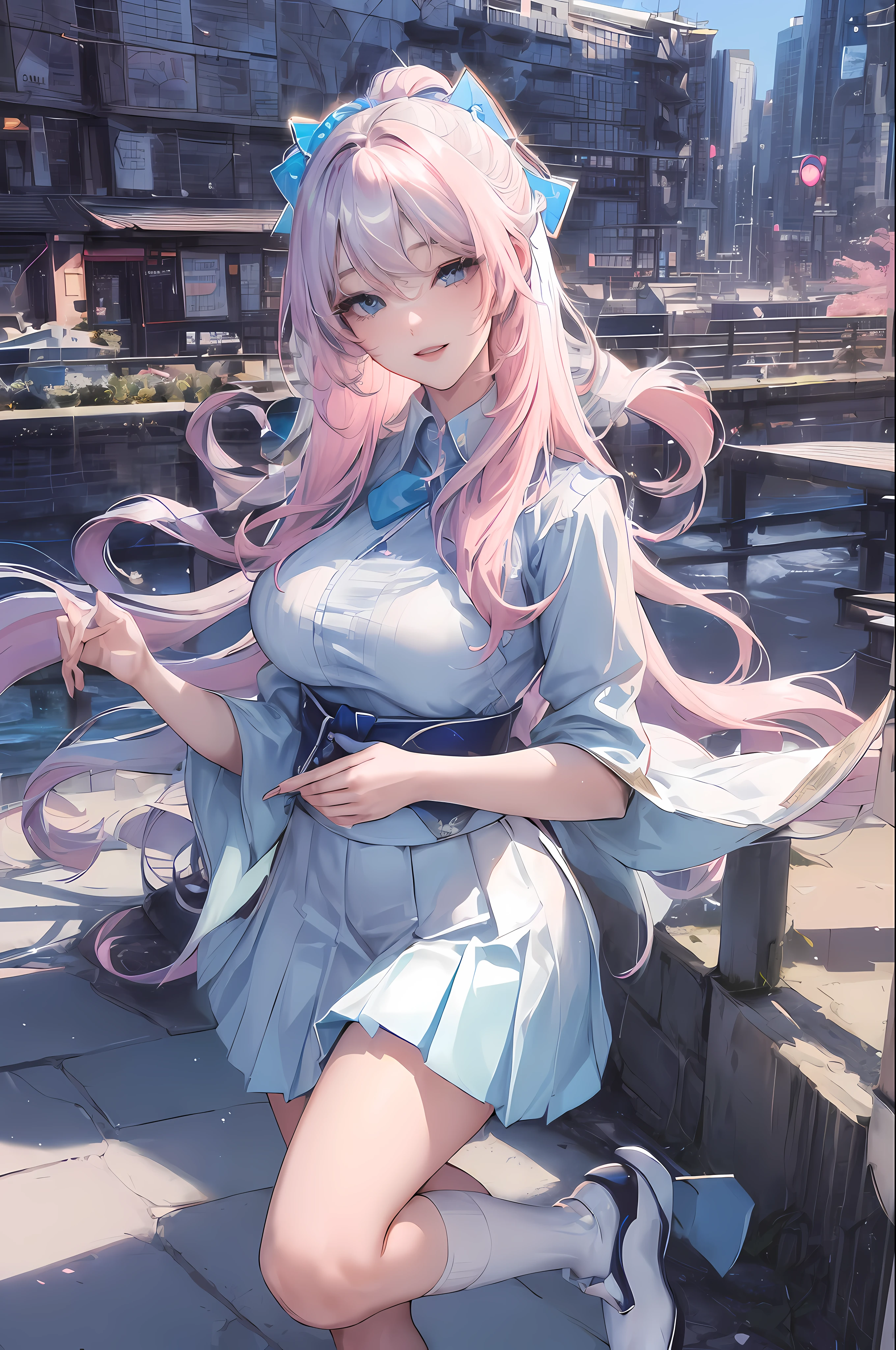 official art, masterpiece, sharp focus, (beautiful gorgeous cute Korean woman:1.3), (beautiful cute korean:1.3), korean beauty, Delicate and beautiful hair and eyes and face, realistic, ultra detailed, beautiful girl, blue sky, glow white particle, (sidelighting:1.2), sun light, white cloud, detailed clouds, slender, Lovely very large breasts and very large hips, smile with teeth, ((smile with eyes, open both eyes)), scenery, long straight hair, sexy facial expression, building, (cityscape:1.7), dynamic hair, long straight hair, detailed platinum pink hair, glow blue eyes, (blue pleated shirts + white skirt), white long socks, pale skin, hair ornament, epic scenery,