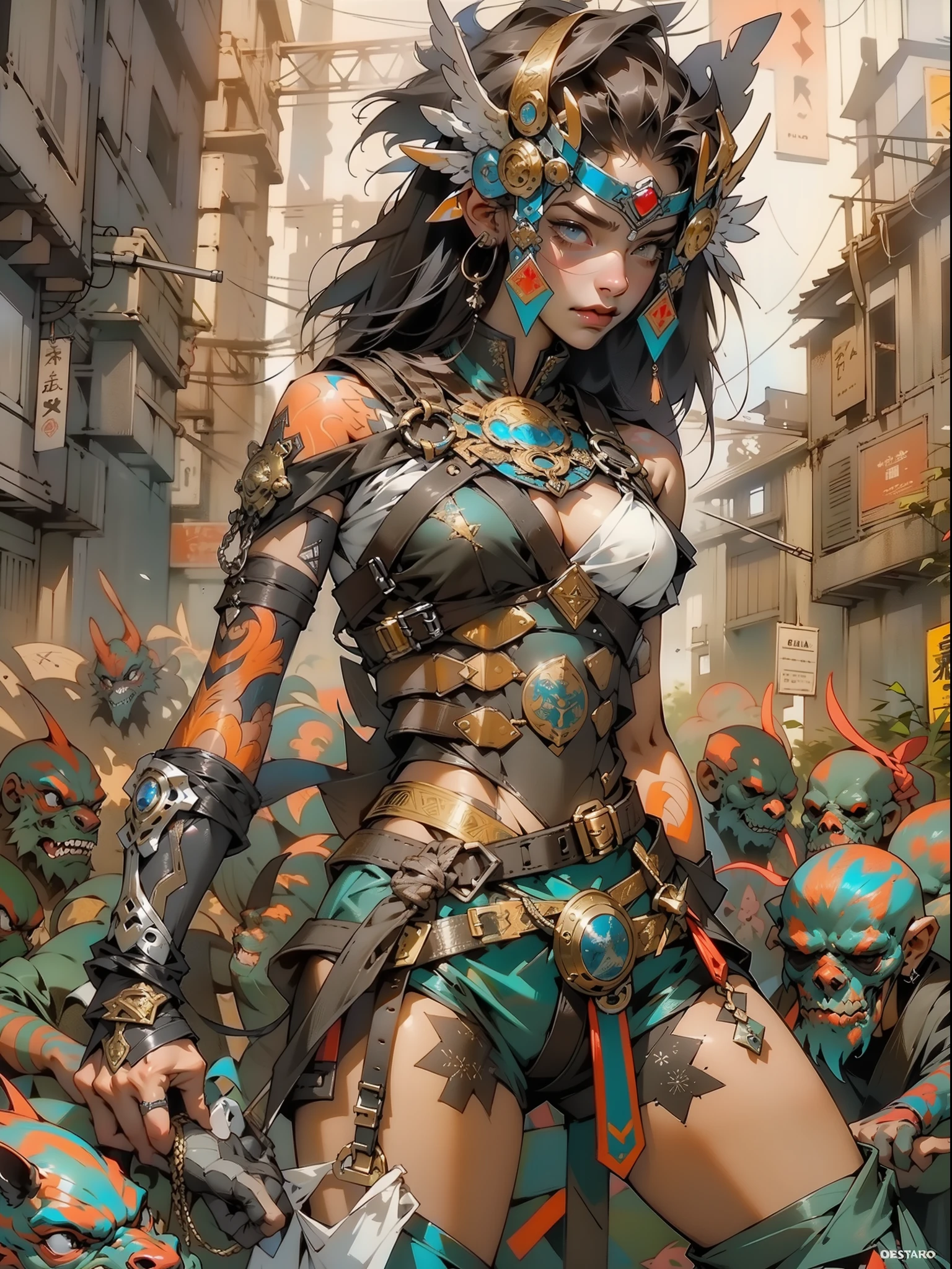 (((female))), (((best quality))), (((master part))), (((adulto))), A post-apocalypse gladiator woman with perfect body, Gladiadores do Brooklyn, gloved hand and left arm guard made of steel and metal tips, (( sob os peitos )), (( Tiny floss )), quase nu no estilo urbano selvagem de Simon Bisley para o 2000 A.d. capa de revista, Minimum clothing, armadura ( acrylic painting ), cheio de pontas, tatuagem tribal, ((( do joelho para cima ))), Visual intrincado, rosto limpo, pele bronzeada