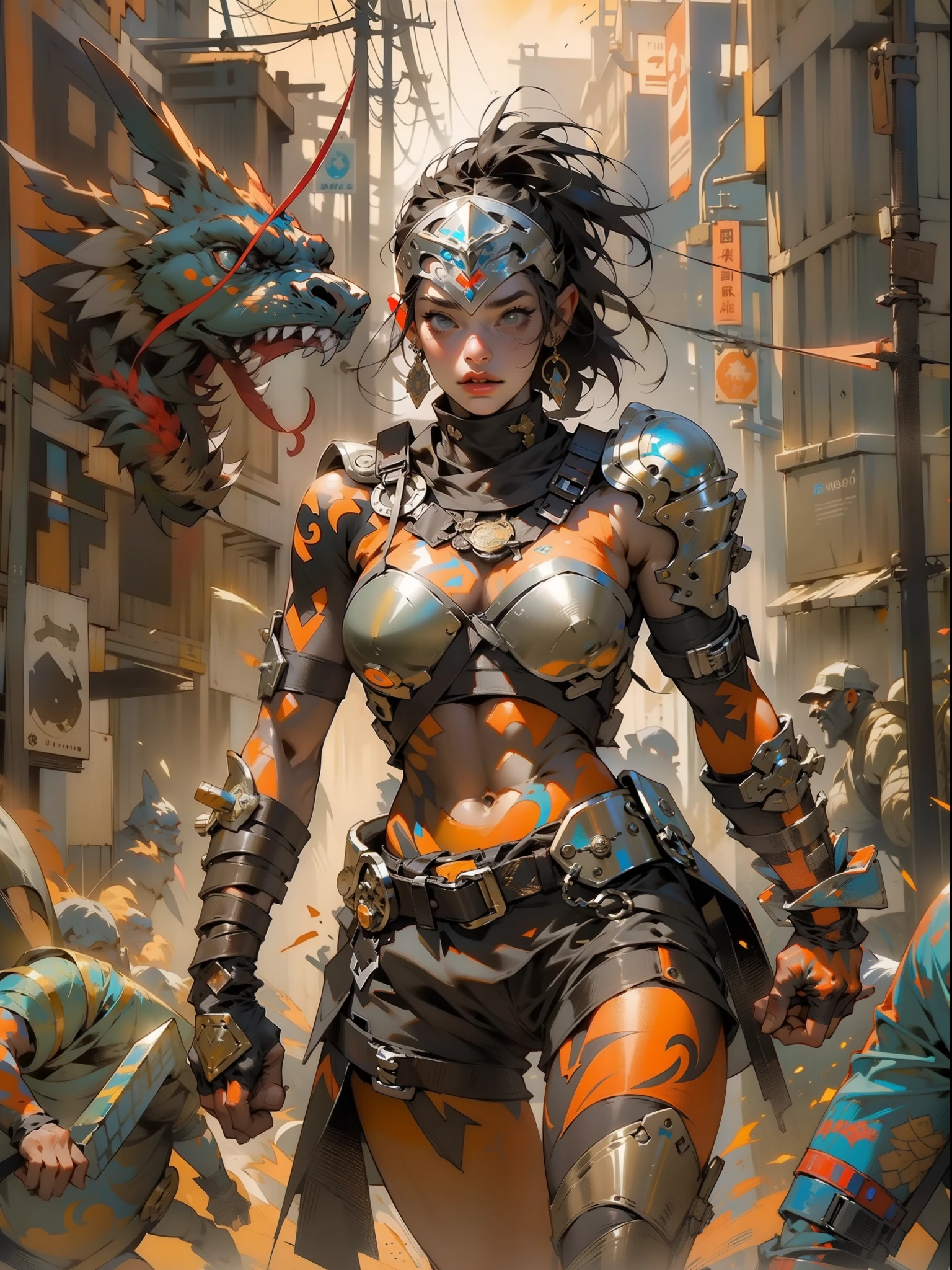 (((female))), (((best quality))), (((master part))), (((adulto))), A post-apocalypse gladiator woman with perfect body, Gladiadores do Brooklyn, gloved hand and left arm guard made of steel and metal tips, (( sob os peitos )), (( Tiny floss )), quase nu no estilo urbano selvagem de Simon Bisley para o 2000 A.d. capa de revista, Minimum clothing, armadura ( acrylic painting ), cheio de pontas, tatuagem tribal, ((( do joelho para cima ))), Visual intrincado, rosto limpo, pele bronzeada