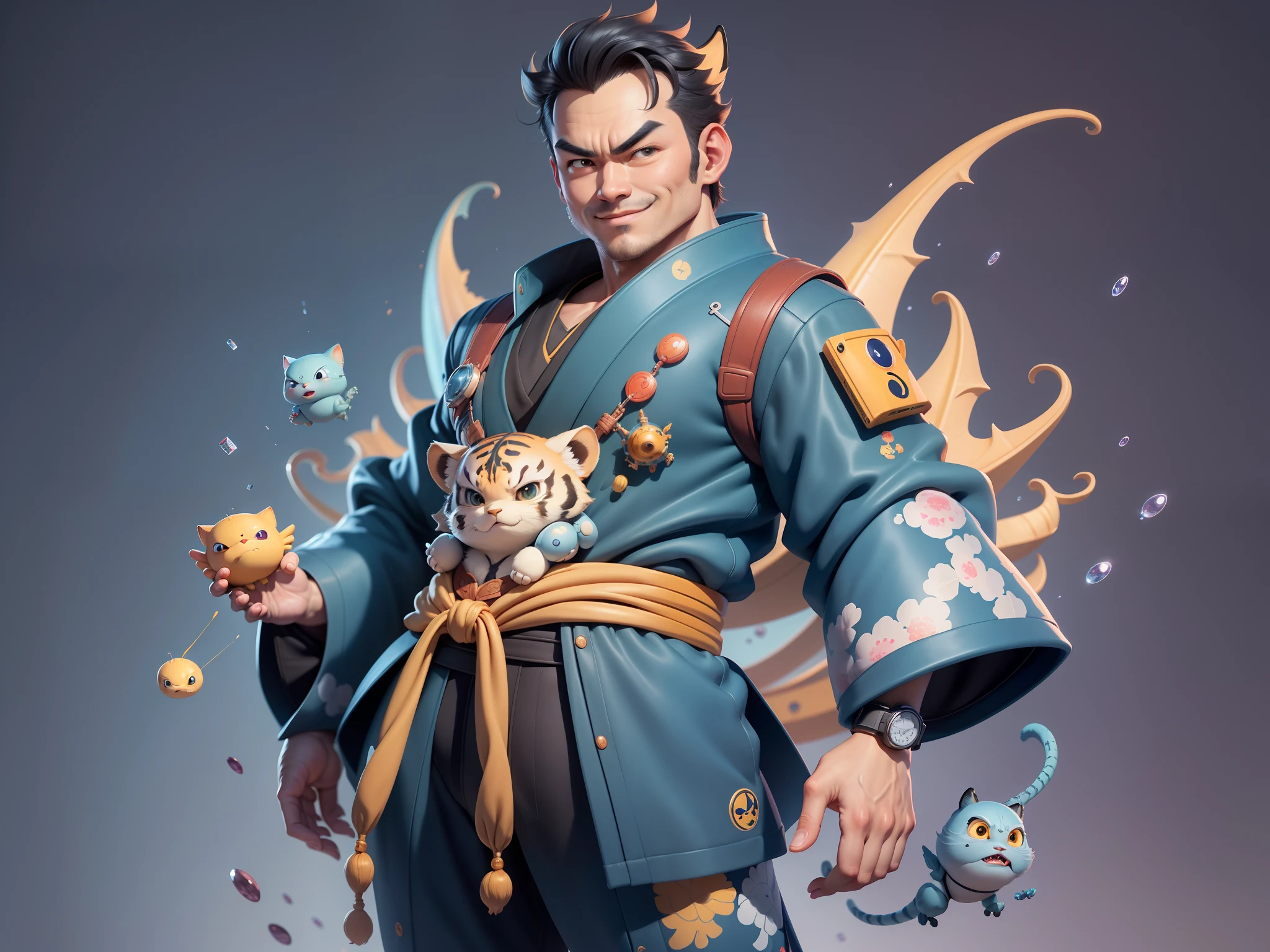 (Masterpiece), (Excellent), (Super Meticulous), (Full Body: 1.2), Super Young Man, Oriental Face, Japanese Kimono, Japanese Wind Thunder God, Dragon, Tiger, TV Anchor, Bust Portrait Illustration, Alone, Black Suit, Blue Tie, Slightly Chubby Face, Very Clean Face, No Beard, Black Super Short Hair, Black Eyes, Confident Smile, 3c Computer Sub-Products, iPad, iPhone, Digital Painting, 3D Character Design by Akira Toriyama and Mark Claireden and Pixar and Hayao Miyazaki, The illustration is a high-definition illustration in 4K resolution with very detailed facial features and cartoon-style visuals.