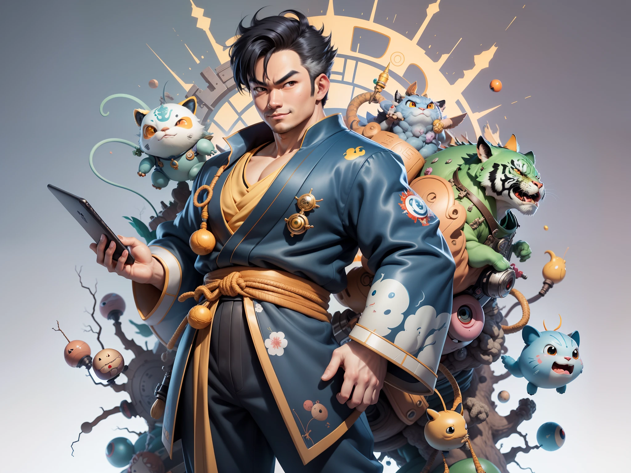 (Masterpiece), (Excellent), (Super Meticulous), (Full Body: 1.2), Super Young Man, Oriental Face, Japanese Kimono, Japanese Wind Thunder God, Dragon, Tiger, TV Anchor, Bust Portrait Illustration, Alone, Black Suit, Blue Tie, Slightly Chubby Face, Very Clean Face, No Beard, Black Super Short Hair, Black Eyes, Confident Smile, 3c Computer Sub-Products, iPad, iPhone, Digital Painting, 3D Character Design by Akira Toriyama and Mark Claireden and Pixar and Hayao Miyazaki, The illustration is a high-definition illustration in 4K resolution with very detailed facial features and cartoon-style visuals.
