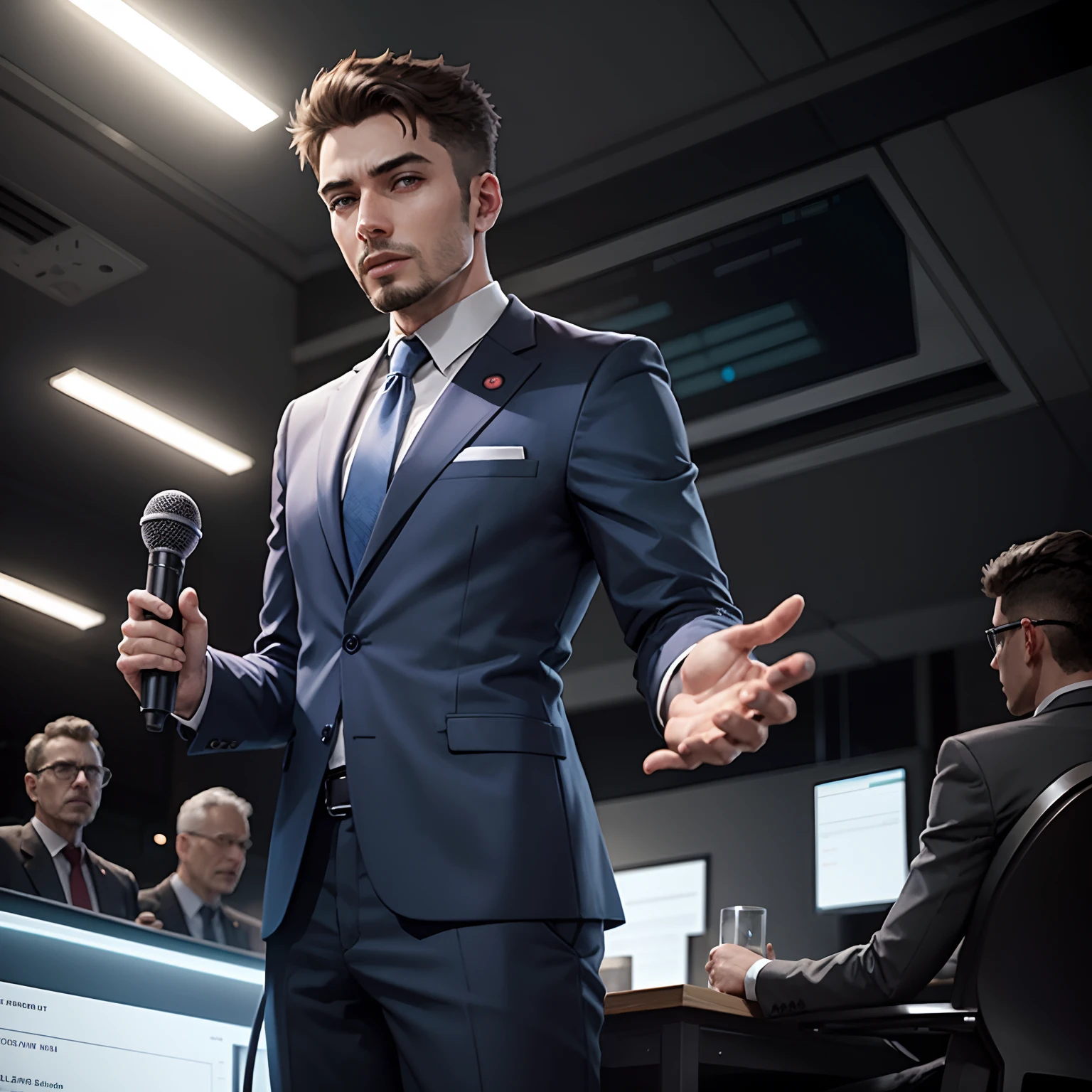 Male robot politician speaking at a meeting --auto