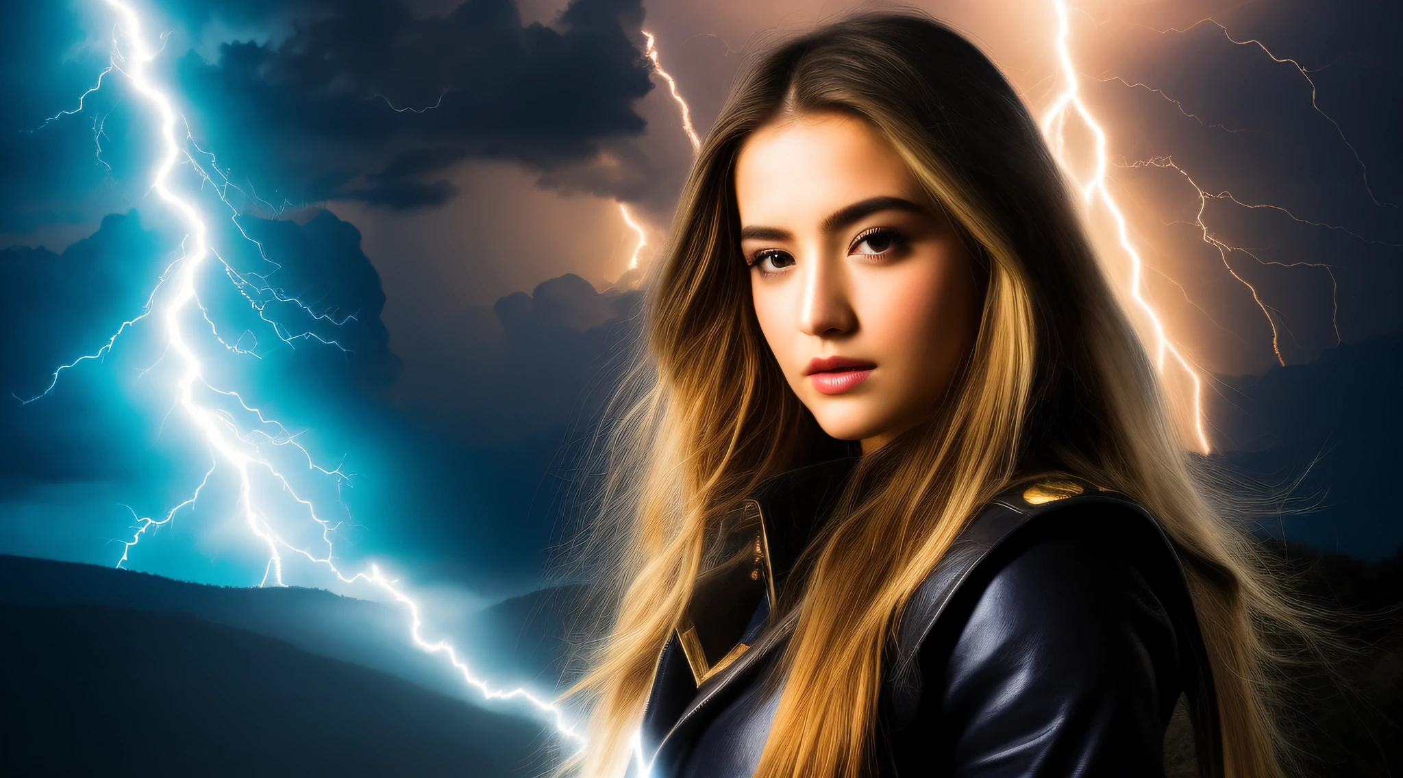 um close up de uma jovem kids blonde long hair segurando um raio, com chapeu de bruxa, splashes of lightning behind her, goddess of lightning, lightning fantasy magic, little girl with magical powers, she is attracting lightnings, japanese lightning goddess, maya ali as a lightning mage, efeitos de raios, amazing lightning art, magic and lightning, Explosive lightning spell, eletrizante, epic magical effects