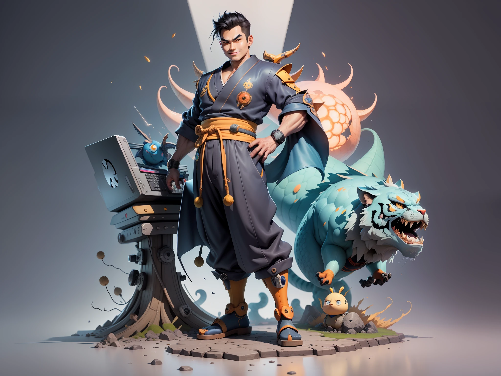 (Masterpiece), (Excellent), (Super Meticulous), (Full Body: 1.2), Super Young Man, Oriental Face, Japanese Kimono, Japanese Wind Thunder God, Dragon, Tiger, TV Anchor, Bust Portrait Illustration, Alone, Black Suit, Blue Tie, Slightly Chubby Face, Very Clean Face, No Beard, Black Super Short Hair, Black Eyes, Confident Smile, 3c Computer Sub-Products, iPad, iPhone, Digital Painting, 3D Character Design by Akira Toriyama and Mark Claireden and Pixar and Hayao Miyazaki, The illustration is a high-definition illustration in 4K resolution with very detailed facial features and cartoon-style visuals.