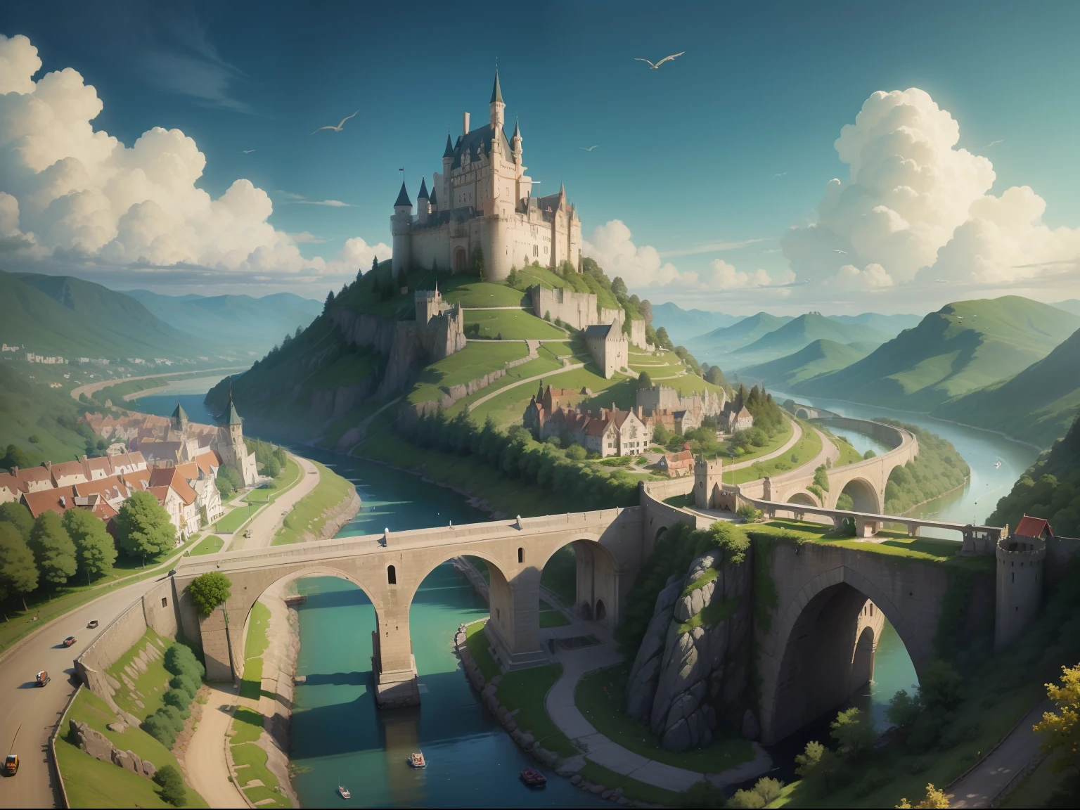 castle above the hill, small lush green village in bottom, river aside, dragons flying above the sky, train moving behind through bridge