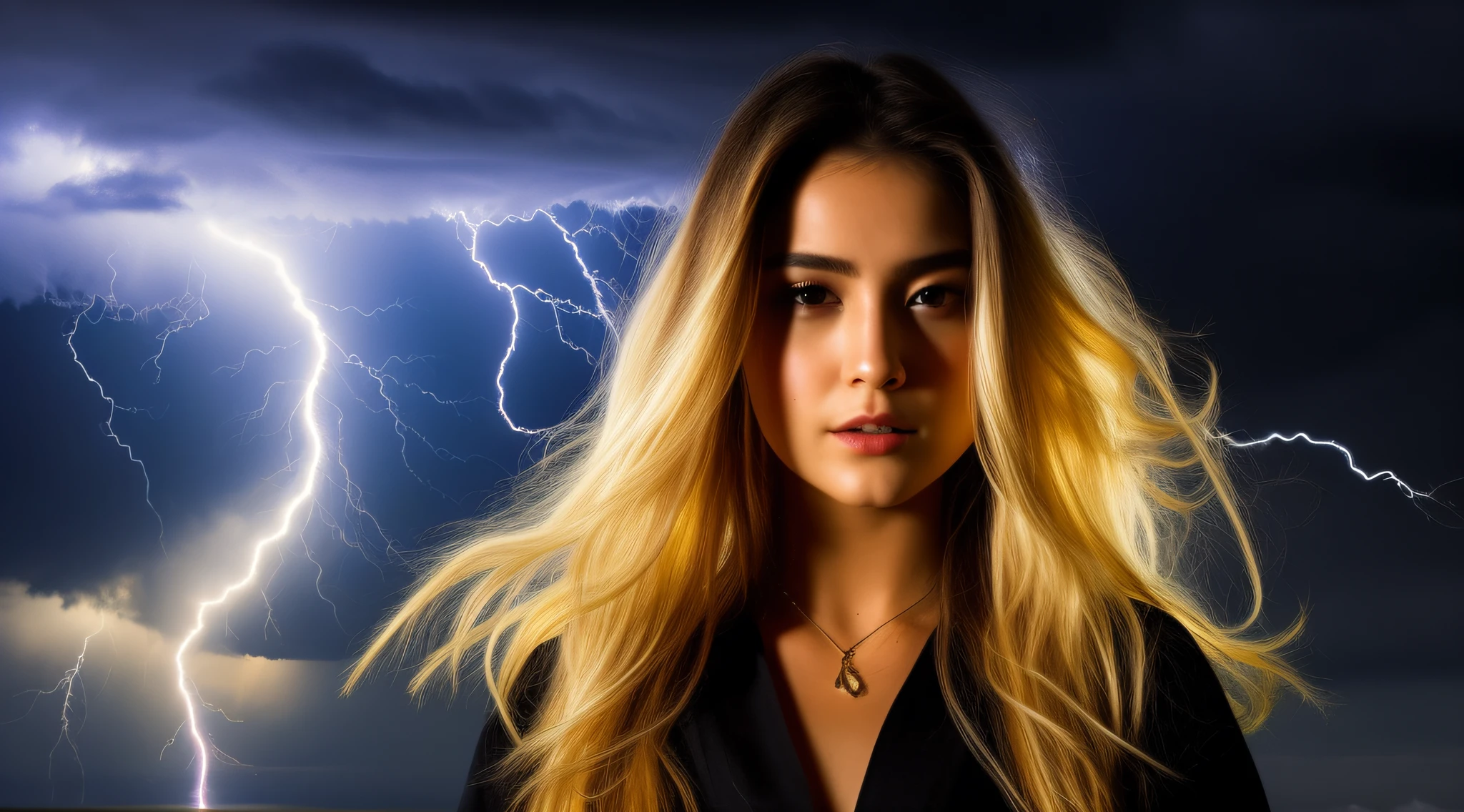um close up de uma jovem kids blonde long hair segurando um raio, com chapeu de bruxa, splashes of lightning behind her, goddess of lightning, lightning fantasy magic, girl with magical powers, she is attracting lightnings, japanese lightning goddess, maya ali as a lightning mage, efeitos de raios, amazing lightning art, magic and lightning, Explosive lightning spell, eletrizante, epic magical effects