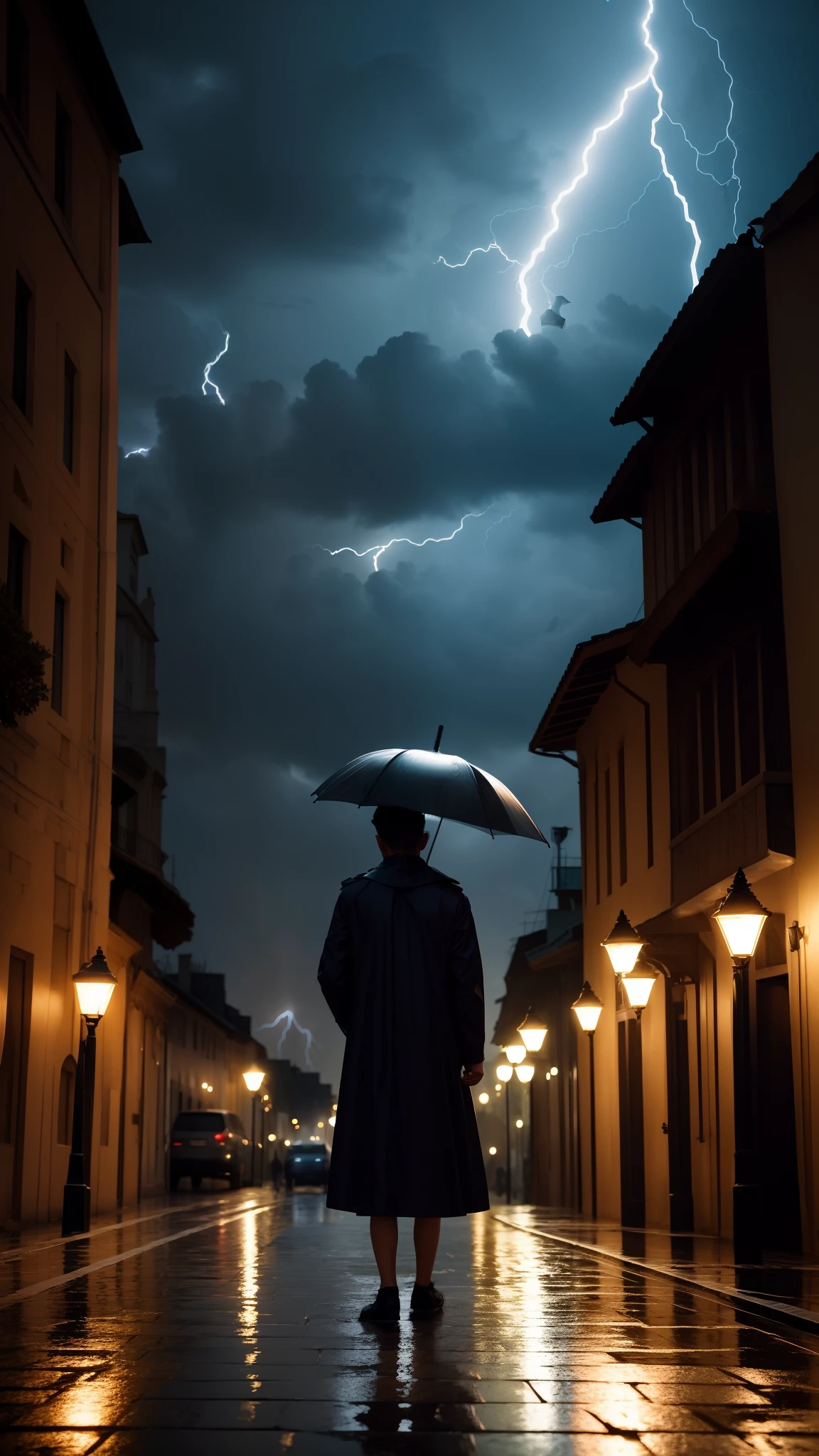 A boy with eagles, in hacker dress, in rain with umbrella,night lightning baground