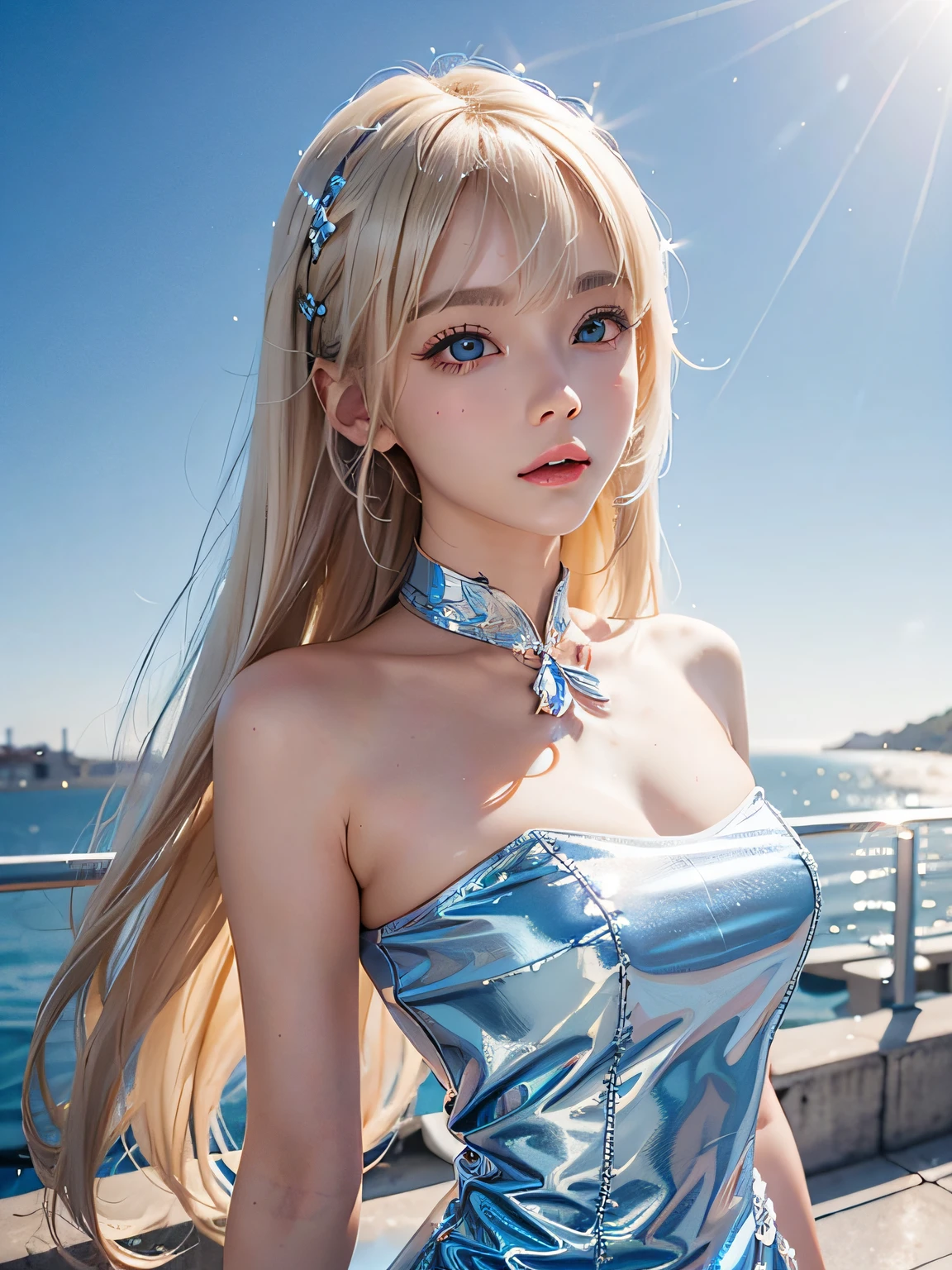1 girl、porate、Student clothes、blue-sky、Bright and very beautiful face、年轻, shiny white shiny skin、Best Looks、Blonde hair with dazzling light reflection、Beautiful platinum blonde hair is super long silky straight and shiny、Long bangs、Very beautiful 、Big eyes that shine crystal clear light blue、Beautiful cute beautiful girl