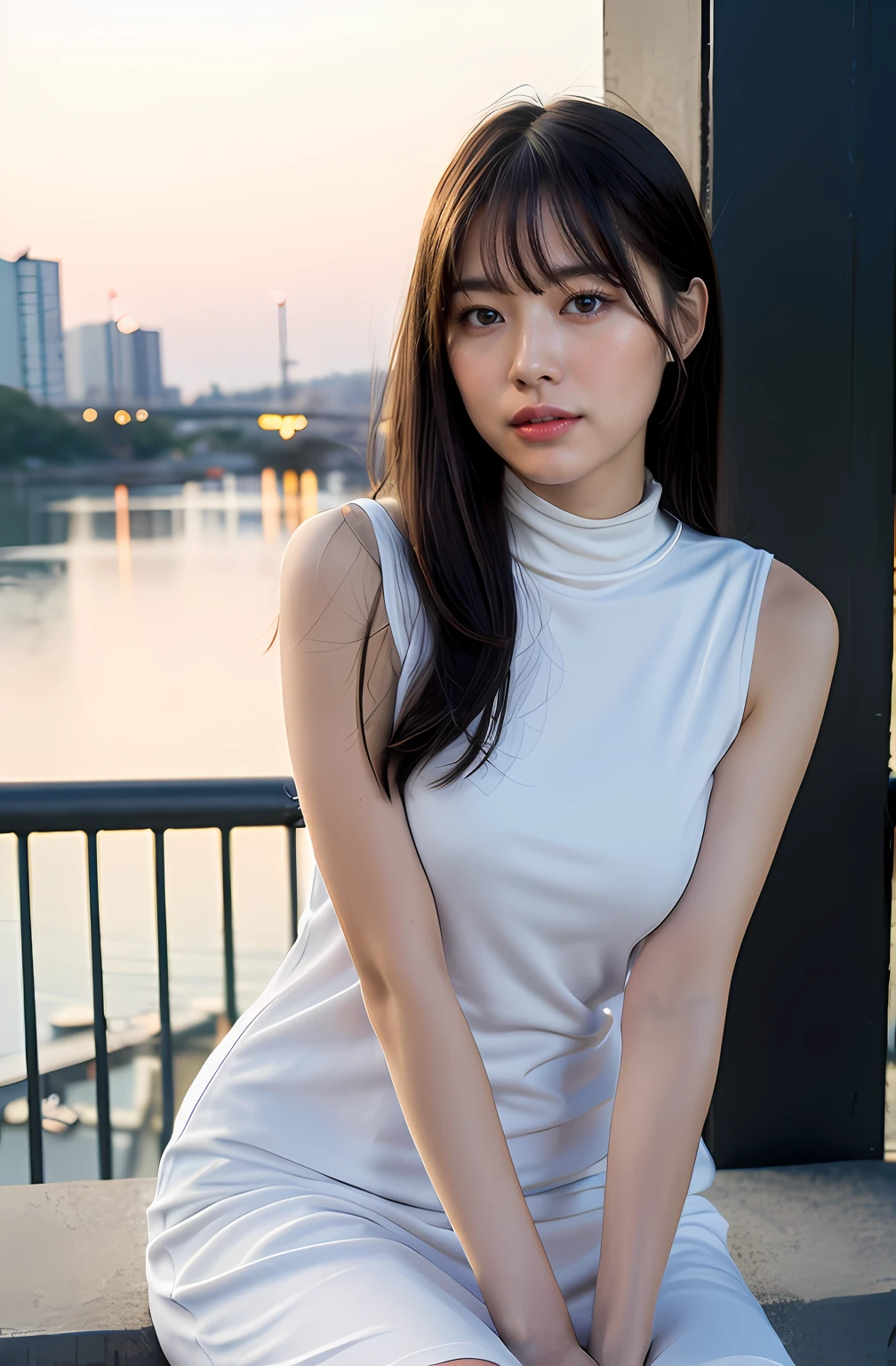 8K、top-quality、masterpiece、超A high resolution、a picture、beautiful japanese female(pleasing:1.1) 、Elegance、There is a good、Beautiful face、Gradient lighting、1girl in、Delicate skin、Look into the distance、Brown-eyed、short hair with bangs、(breasts are large:1.0)、(medium areola:0.8)、(realisitic:1.4)、(top-quality:1.0)、(超A high resolution:1.0)、8K、Raw photography、(masterpiece:0.2)、(pureerosface_v1:0.5)、Contrast Trim Polo Neck Bodycon Dress、Onepiece、Polo shirt style dresses、Super Mini Length、the skirt is short、Futomo、cotton clothes、Mini dress、Collared dress、no sleeves、Sleeveless、Tight、barechested、cotton clothes、want me、Take your eyes off、deep in the night、total darkness、deep in the night、mid night、subject、Lean、Look here、Ass big、a large bust、Kinda chubby、Bangs shed to the side、big butts、neat and well-groomed hairstyle、Bring your chest together、Feels、Mouth slightly open、Brown clothes、a necklace、Ass big、Futomo、slightly drunk、intoxicated、Naughty mood、I want to kiss、On the pedestrian bridge、Pedestrian bridge railing、crouching down、Sit up、Squatting on the ground、You can see the night view of Tokyo from the pedestrian bridge、Laugh、stare、