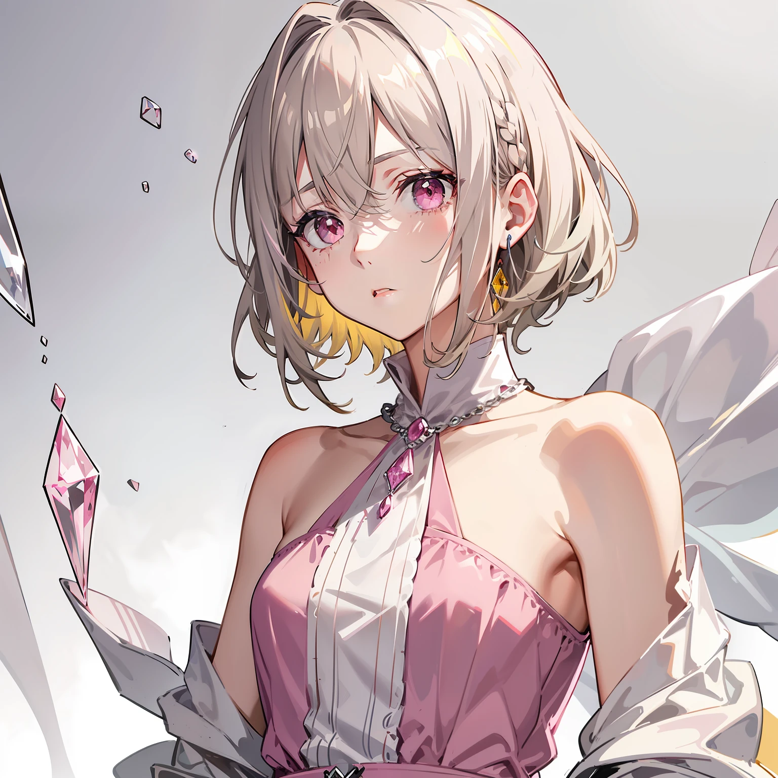 Short gray-yellow hair,Dull pink eyes,A pink crystal pendant is worn around his neck,From time to time, there are dull hairs on the top of the head,I usually like to wear a white shirt,A troublesome expression