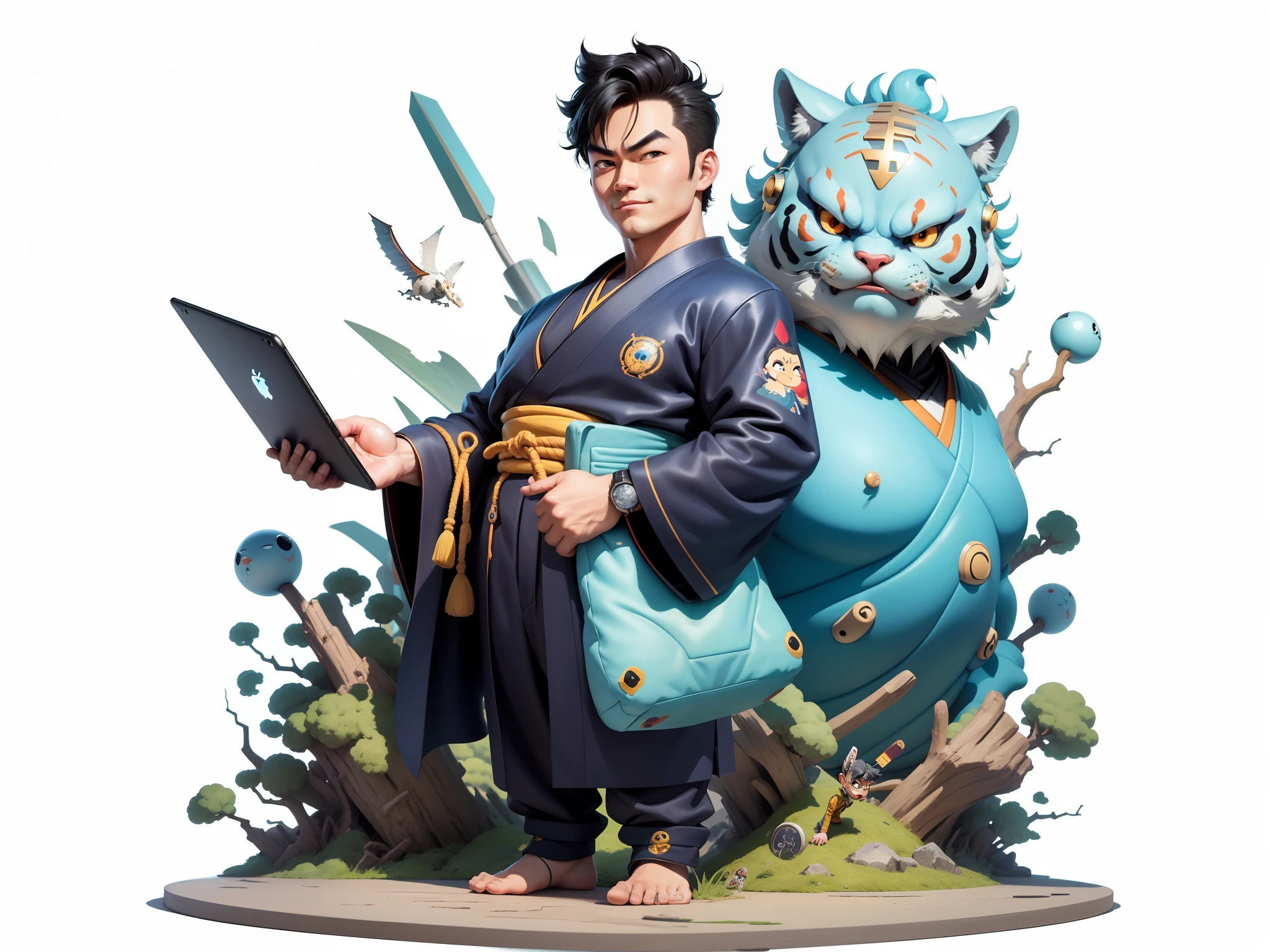 (Masterpiece), (Excellent), (Super Meticulous), (Full Body: 1.2), Super Young Man, Oriental Face, Japanese Kimono, Japanese Wind Thunder God, Dragon, Tiger, TV Anchor, Bust Portrait Illustration, Alone, Black Suit, Blue Tie, Slightly Chubby Face, Very Clean Face, No Beard, Black Super Short Hair, Black Eyes, Confident Smile, 3c Computer Sub-Products, iPad, iPhone, Digital Painting, 3D Character Design by Akira Toriyama and Mark Claireden and Pixar and Hayao Miyazaki, The illustration is a high-definition illustration in 4K resolution with very detailed facial features and cartoon-style visuals.