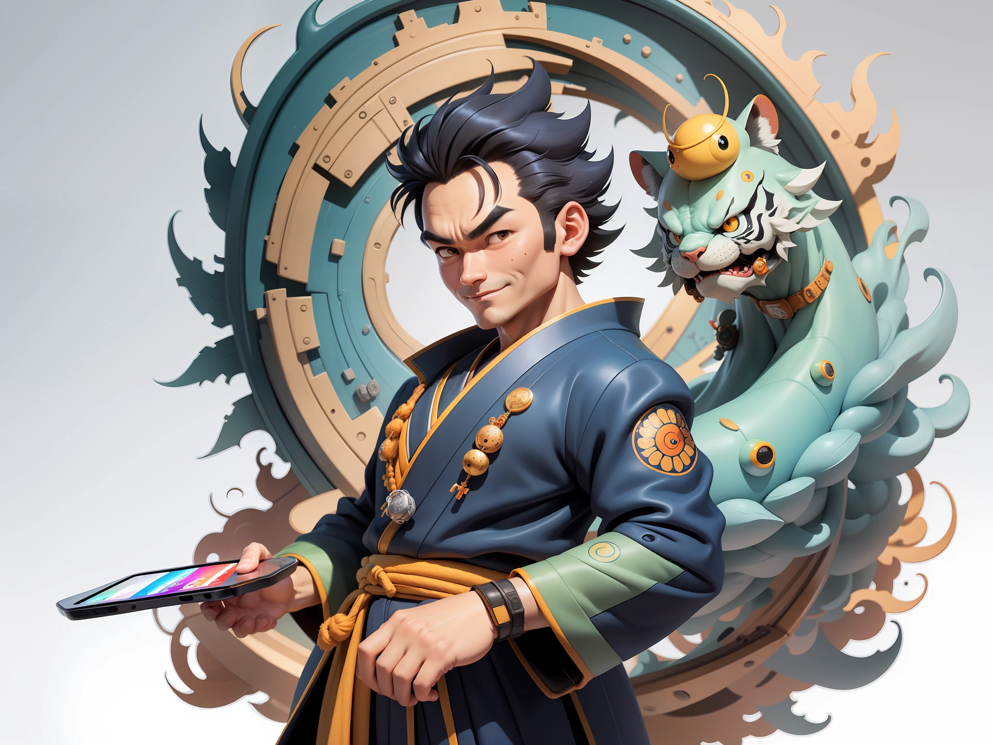 (Masterpiece), (Excellent), (Super Meticulous), (Full Body: 1.2), Super Young Man, Oriental Face, Japanese Kimono, Japanese Wind Thunder God, Dragon, Tiger, TV Anchor, Bust Portrait Illustration, Alone, Black Suit, Blue Tie, Slightly Chubby Face, Very Clean Face, No Beard, Black Super Short Hair, Black Eyes, Confident Smile, 3c Computer Sub-Products, iPad, iPhone, Digital Painting, 3D Character Design by Akira Toriyama and Mark Claireden and Pixar and Hayao Miyazaki, The illustration is a high-definition illustration in 4K resolution with very detailed facial features and cartoon-style visuals.