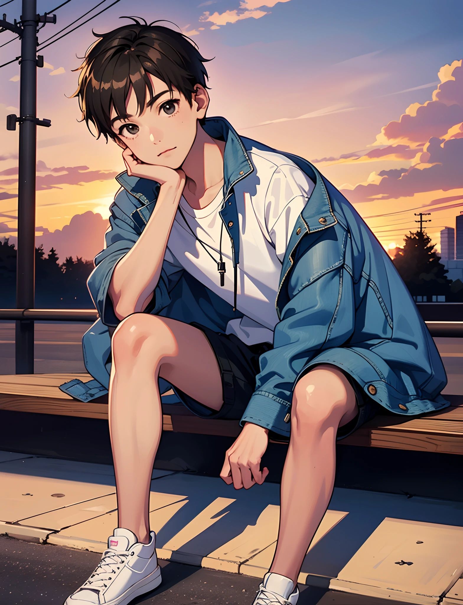 A young boy with，Wear a denim jacket，Wear sneakers，With a necklace，Wrist watch，Sit on a wooden bench by the side of the road，Looking at the clouds in the sky，Pedestrians shuttling，Sunset and sunset，Close-up full-body photo，Ultra-high definition