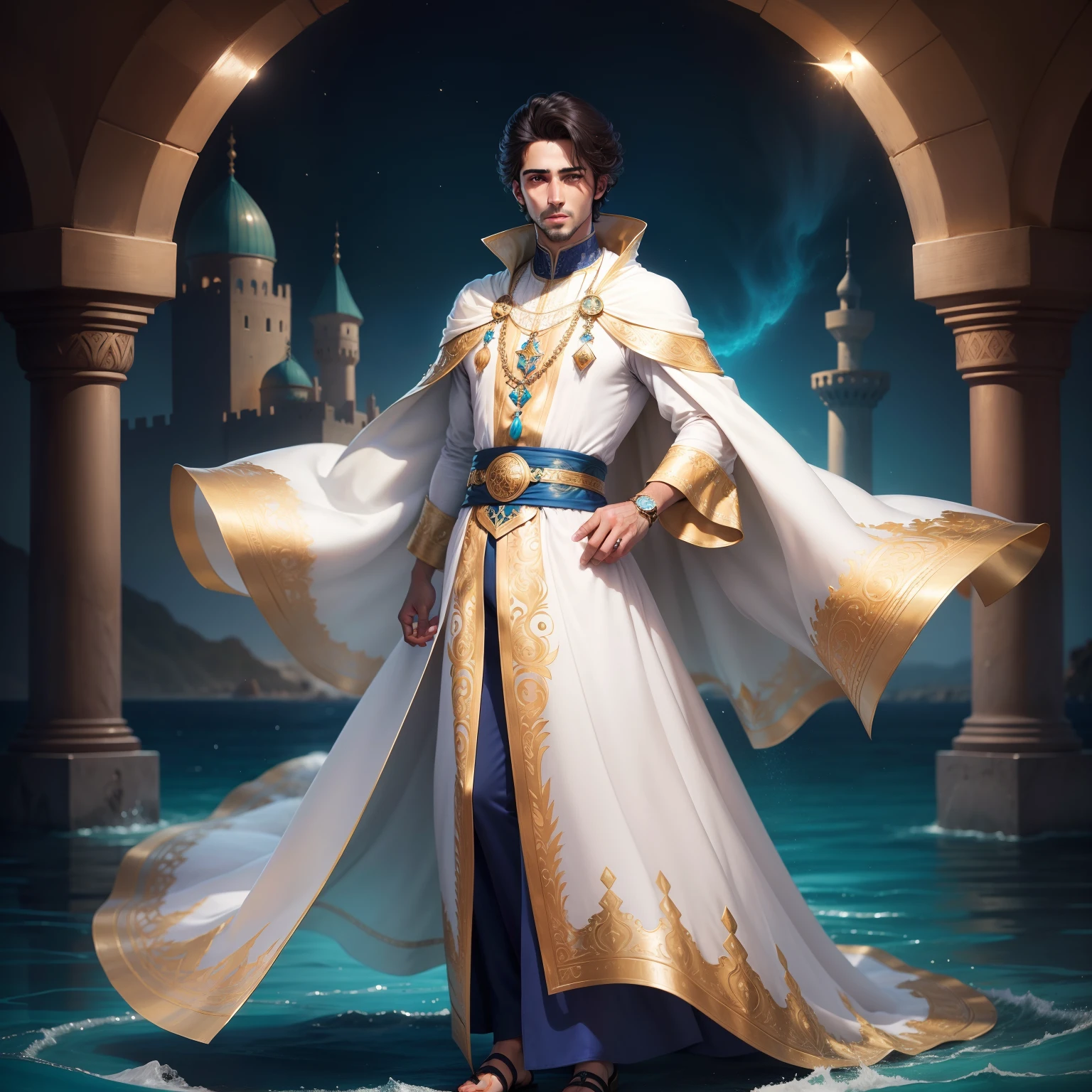 "Suleiman, in a vibrant celestial realm, surrounded by ornate architecture and lush gardens, wearing opulent royal attire, commanding an army of mystical creatures, radiating authority and power."