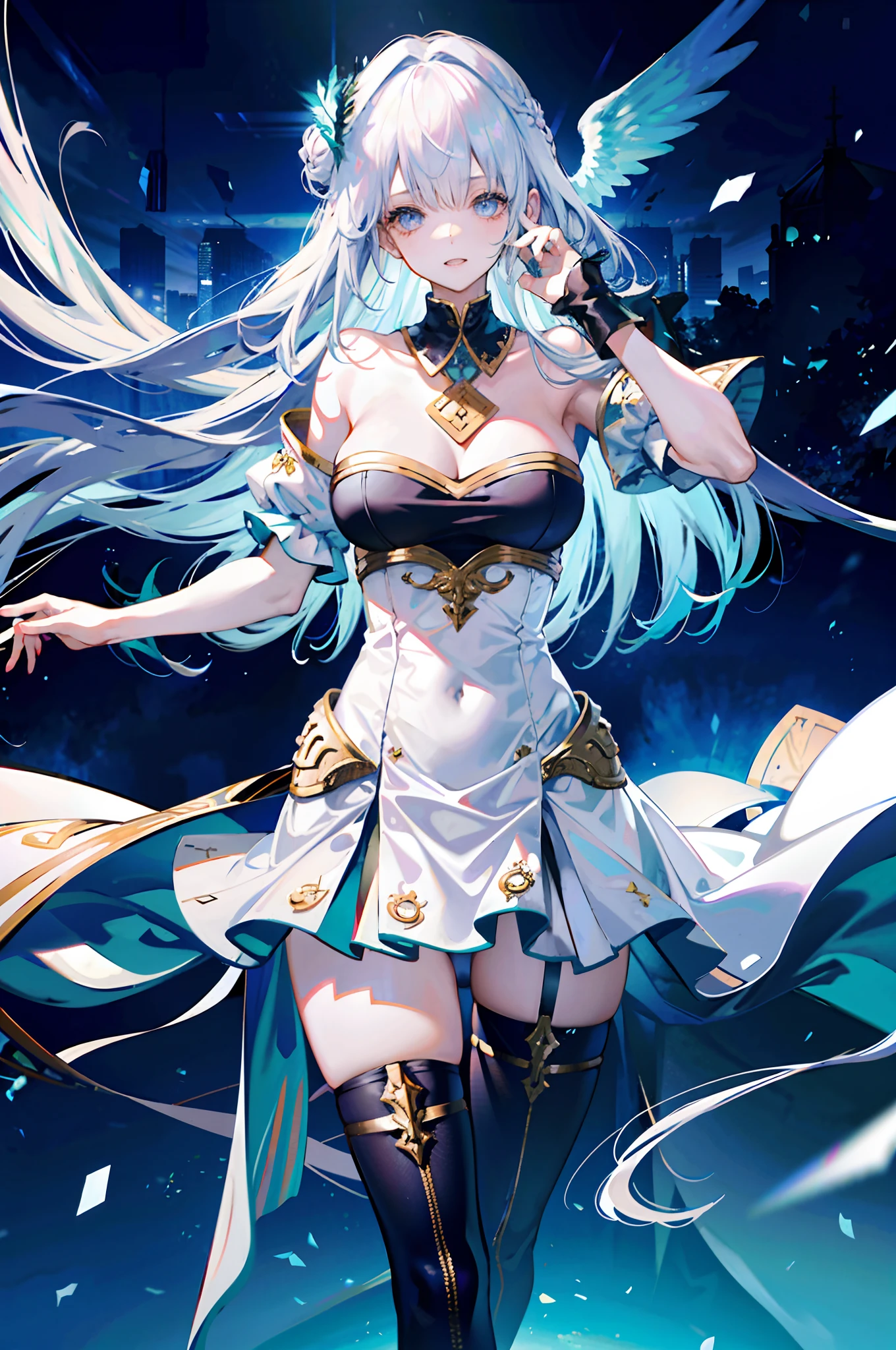 silber hair,long whitr hair,8k wallpaper,detailedbackground,Highest high resolution,deep v big breasts,Hair covers one eye,Bandeau,chies,angelicales,tight-fitting,stocklings,feater,wings,Skysky