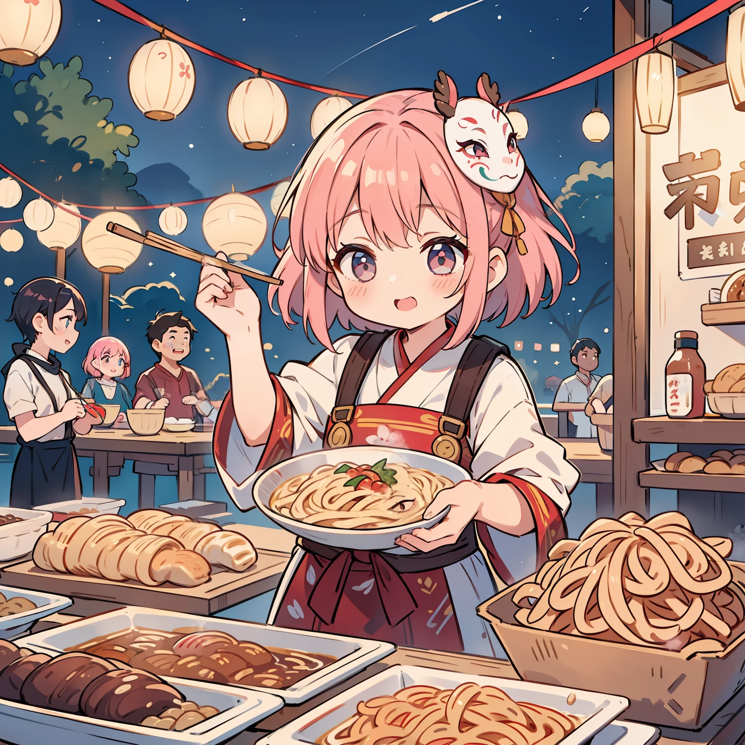 "A little girl with short pink hair (bonned hairstyle) joyfully serving delicious festival food to people under the night sky, amidst the festive atmosphere, with everyone wearing traditional festival masks and enjoying the aroma of freshly cooked soba noodles."