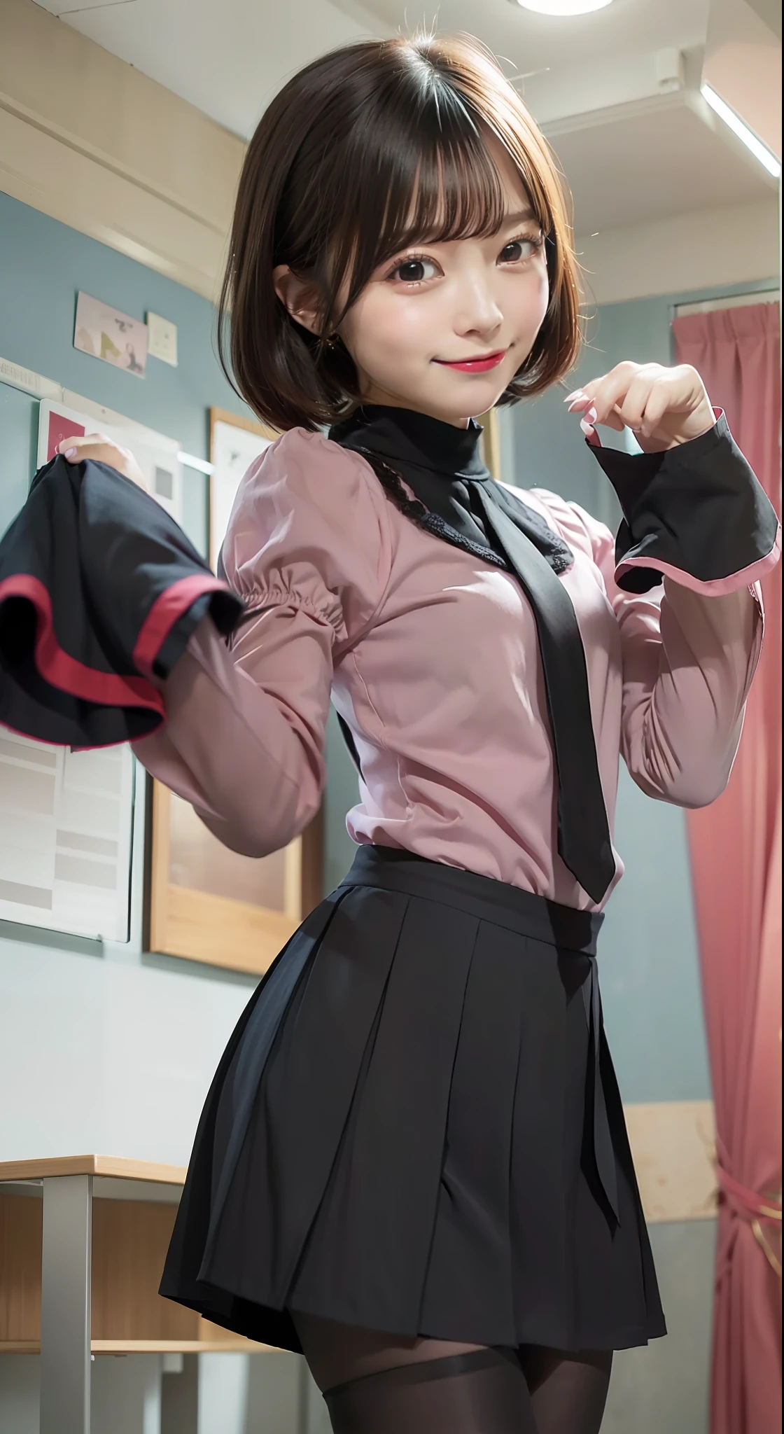 Close-up, masterpiece, highest quality, complete anatomy、Raw photo, Photoreal、(cute little face:1.7)、(very cute smile:1.8)、(With a round face:1.8)、(You have a cute face like an idol、double teeth:1.3), black haired、(pink ranger:2), Depth of the bounds written, High resolution, super detailed, finely, very detailed, very detailed目と顔, real students, sharp focus, cinematic lighting、big bust、19 year old female、(one woman、solo:1.3)、sexy pose、 bob cut、curly hair、Patsun bangs、very detailed8K壁紙、(plaid pleated skirt)、Please show me your whole body、standing、angle from below、(太もものClose-up、nice figure、big breasts thin waist、Sink、camel toe)、Depth of the bounds written、background bokeh
