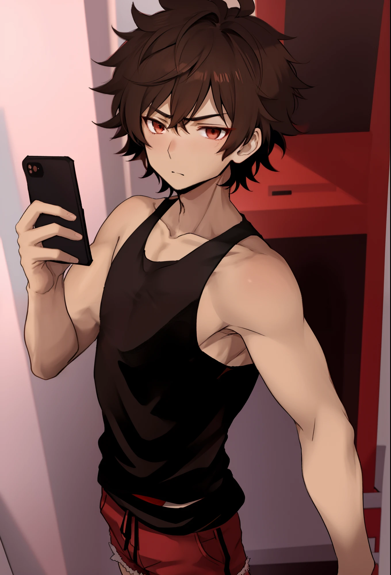 Anime guy, selfie, masculine black tank top, red shorts, short fluffy brown hair, one phone in hand