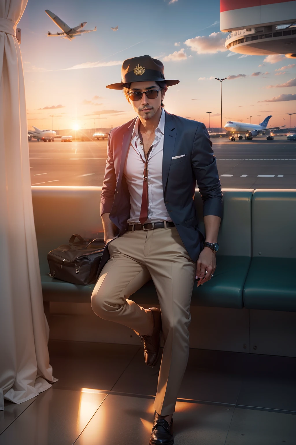 Airport background change opportunity of grapher sunset background