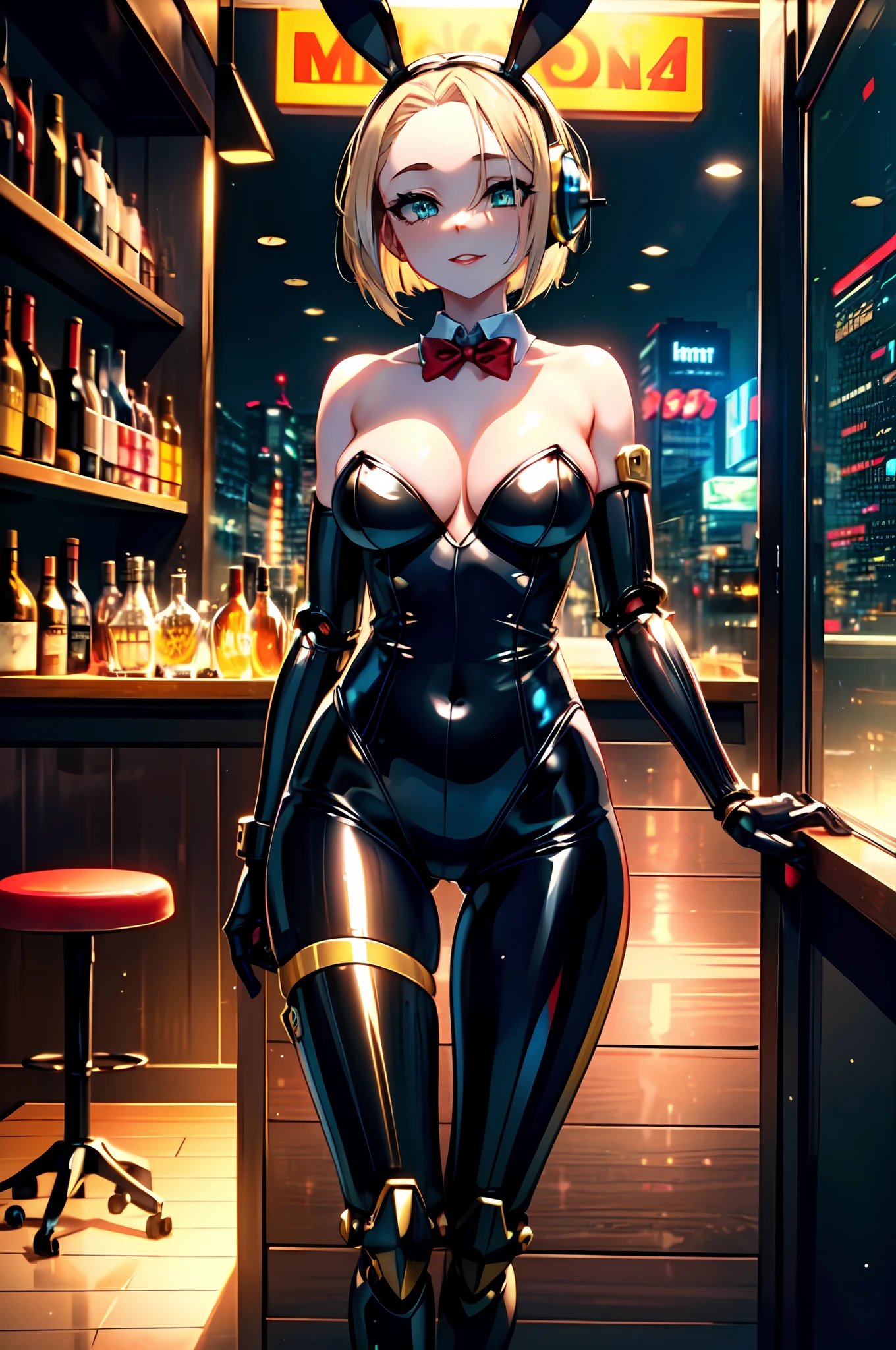 beautiful mechanical woman, solo, (half closed eyes, green eyes), (masterpiece eyes:1.5), BREAK, seductive smile, (mechanical bunny girl: 1.3), (black exoskeleton leotard: 1.3), (golden color mechanical joints, mechanical arms, mechanical legs:1.3), (exposed armpits), BREAK, (long eyelashes, red lips), bowtie, rabbit ear headphones, rabbit tail, (blonde hair, bob cut), (forehead:1.3), BREAK, Flat_Chest, Huge_breasts, wide_lower back, (5fingers, 4fingers and 1thumb), BREAK, cyberpunk, (bar), bar counter and round chairs, wine, whiskey, bourbon, neon signboard, (arms behind back), Masterpiece, best quality, captures a super cute moment, depth of field, ultra detailed, ultra high resolution, C4D, Octadale, 3D modeling, 8k, 16k,