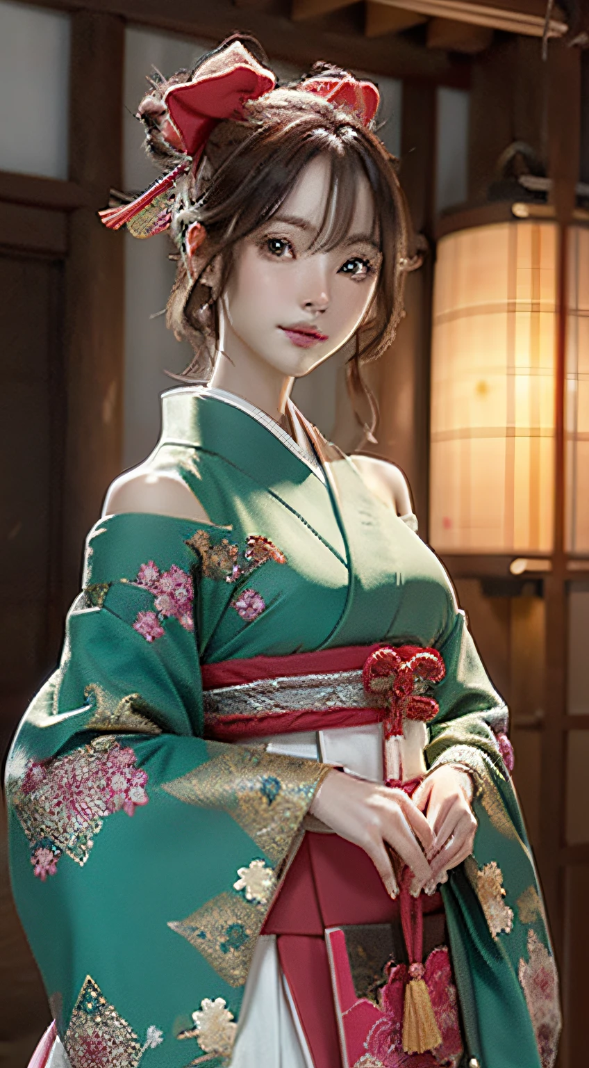 Official art, 统一 8k 壁纸, ultra-detailliert, Beautifully Aesthetic, ​masterpiece, top-quality, (Zentangle, Tangles, Entanglement), (Fractal Art: 1.4), 1girl in, A dark-haired, japanse, bare shoulders​, a short skirt, Calf, a navel, ighly detailed, dynamic ungle, cowboy  shot, (The most beautiful forms of chaos), A flowing, (bright colour), nffsw, (half: 1.2), japanese-inspired, (Tanka Flying Sky: 1.5), (bow ribbon: 1.3), (Dreams: 1.5), (A Japanese style: 1.5), Japan Phoenix、(A smile:0.5)、(japanese god)、