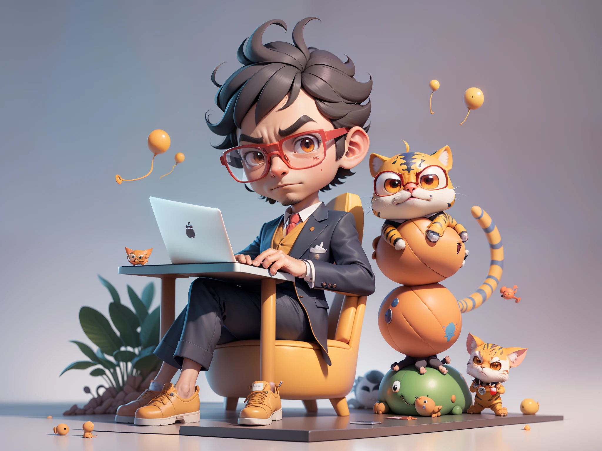 A young man in a suit, Short hair and glasses sat at his desk,holding laptop,digitial painting,tigre,3D character design by Mark Clairen and Pixar and Hayao Miyazaki and Akira Toriyama,4K HD illustration,Very detailed facial features and cartoon-style visuals。
