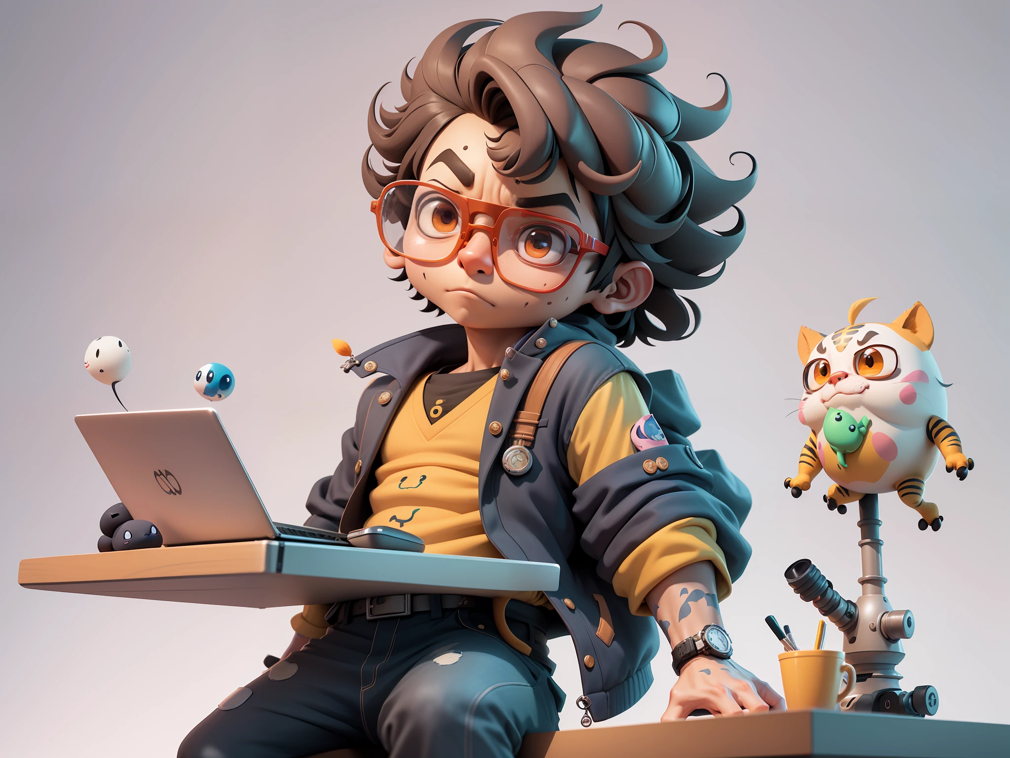 A young man in a suit, Short hair and glasses sat at his desk,holding laptop,digitial painting,tigre,3D character design by Mark Clairen and Pixar and Hayao Miyazaki and Akira Toriyama,4K HD illustration,Very detailed facial features and cartoon-style visuals。