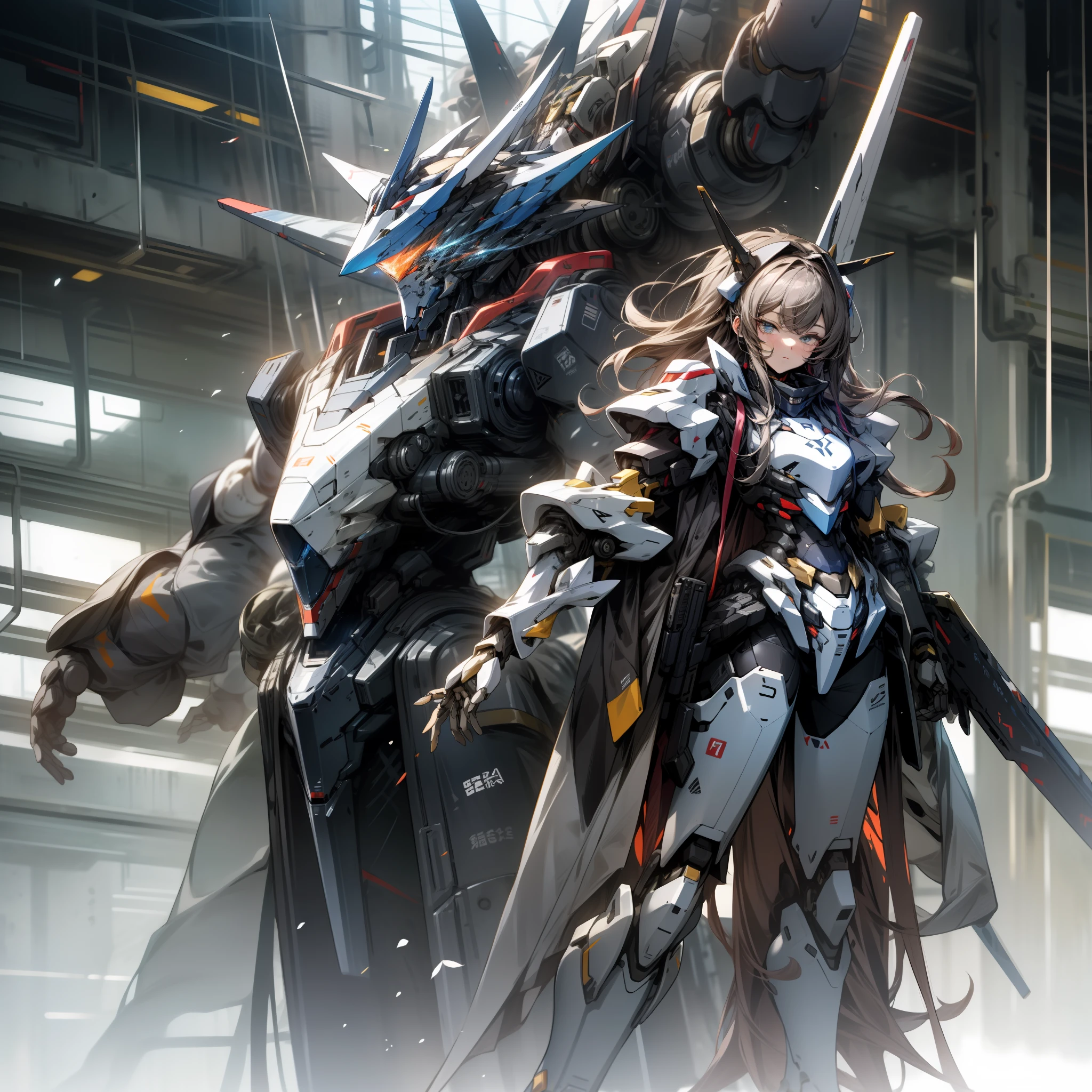 Anime characters with guns and glass gloves，Cyberpunk-style maiden mech，girl in mecha cyber armor，mechanized valkyrie，anime robotic mixed with organic，arasaka mech，ferra white mecha，mecha asthetic，mecha anthropomorphic penguin，cool mecha style。