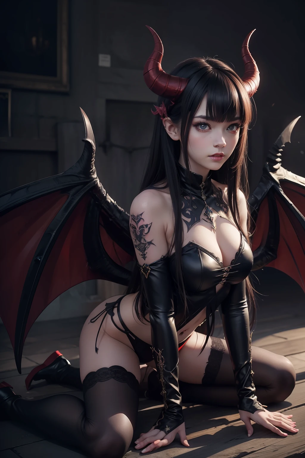 one demon girl, Masterpiece, Best quality, High quality, hight detailed face, Depth of field, HDR, Very detailed, ray tracing, full body, dark fantasy, big demon wings, demon tail, demon horns, demon tatoos, sexy pose