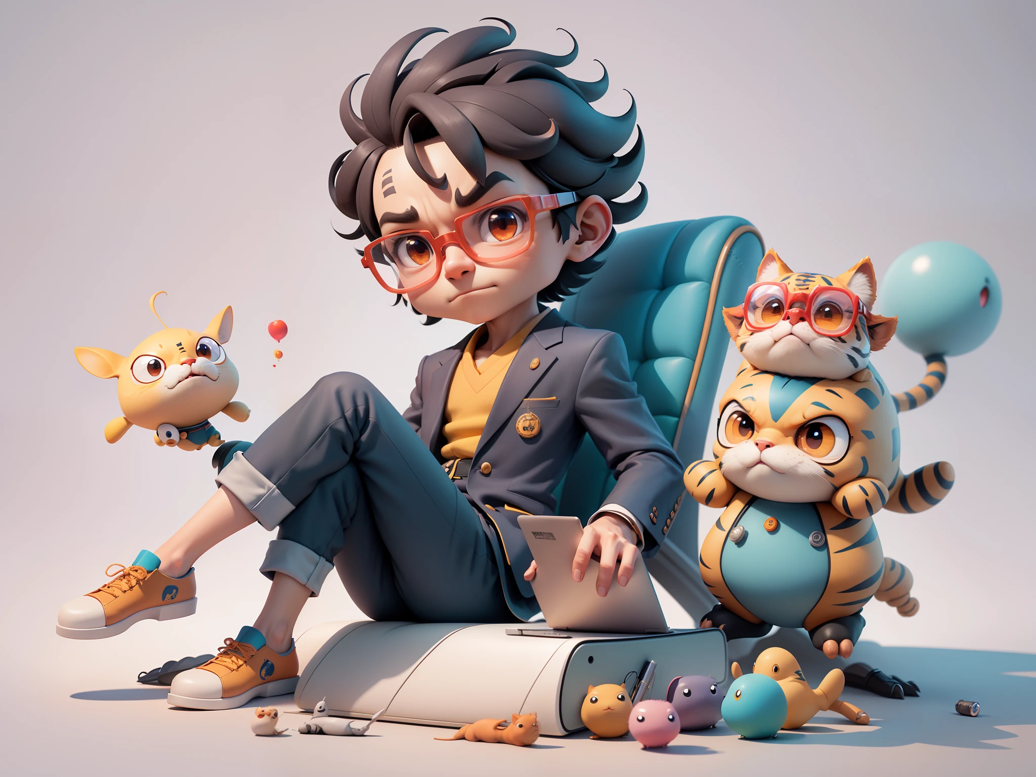 A young man in a suit, Short hair and glasses sat at his desk，holding laptop，digitial painting，tigre，3D character design by Mark Clairen and Pixar and Hayao Miyazaki and Akira Toriyama，4K HD illustration，Very detailed facial features and cartoon-style visuals。