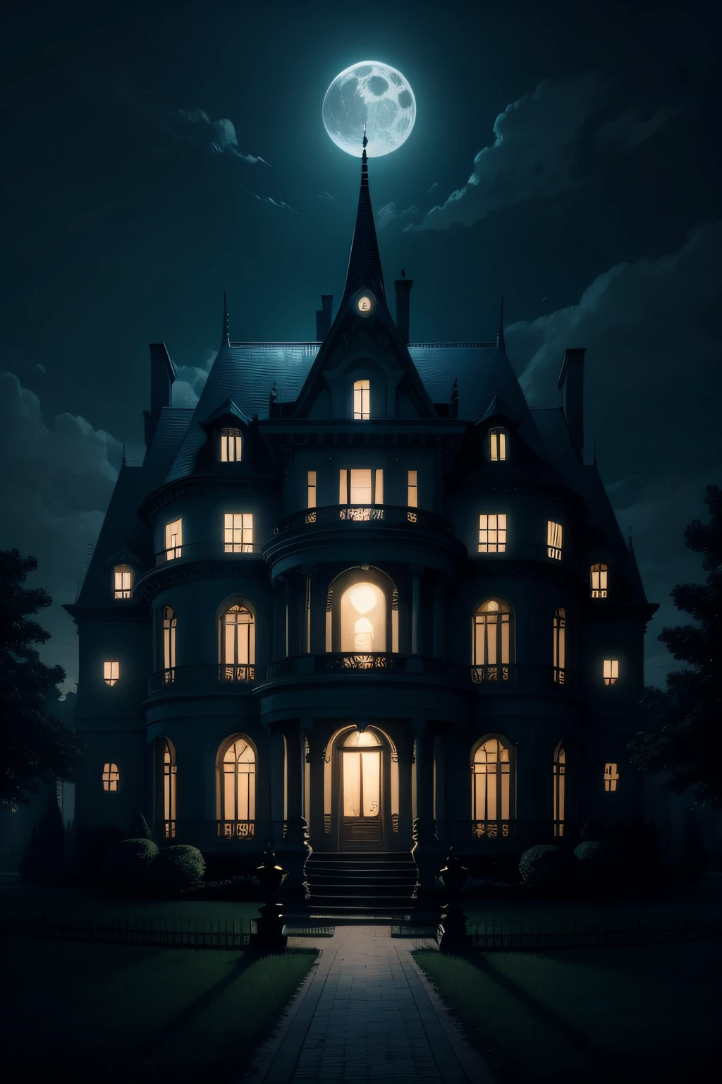 mansion evil haunts at night with full moon and lights on on top of a hill