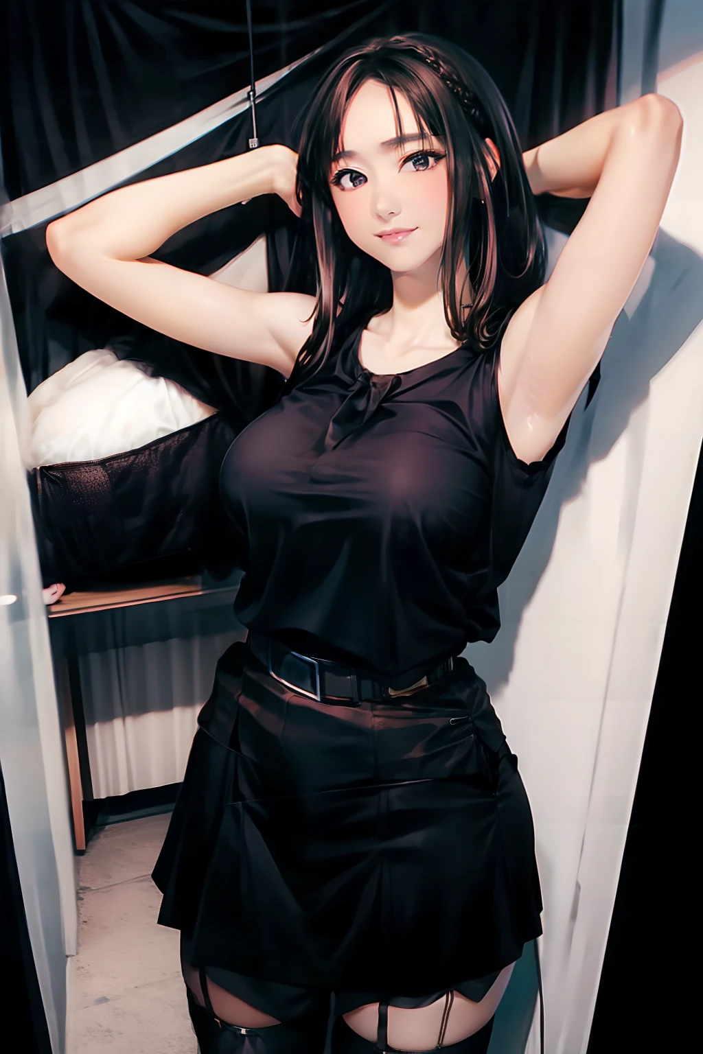 a black skirt neck tie Black tank top Brown hair long Gray eyes holster Garter belt on the legs large full breasts hands above your head Colossal tits Pichi Pichi clothes both sides