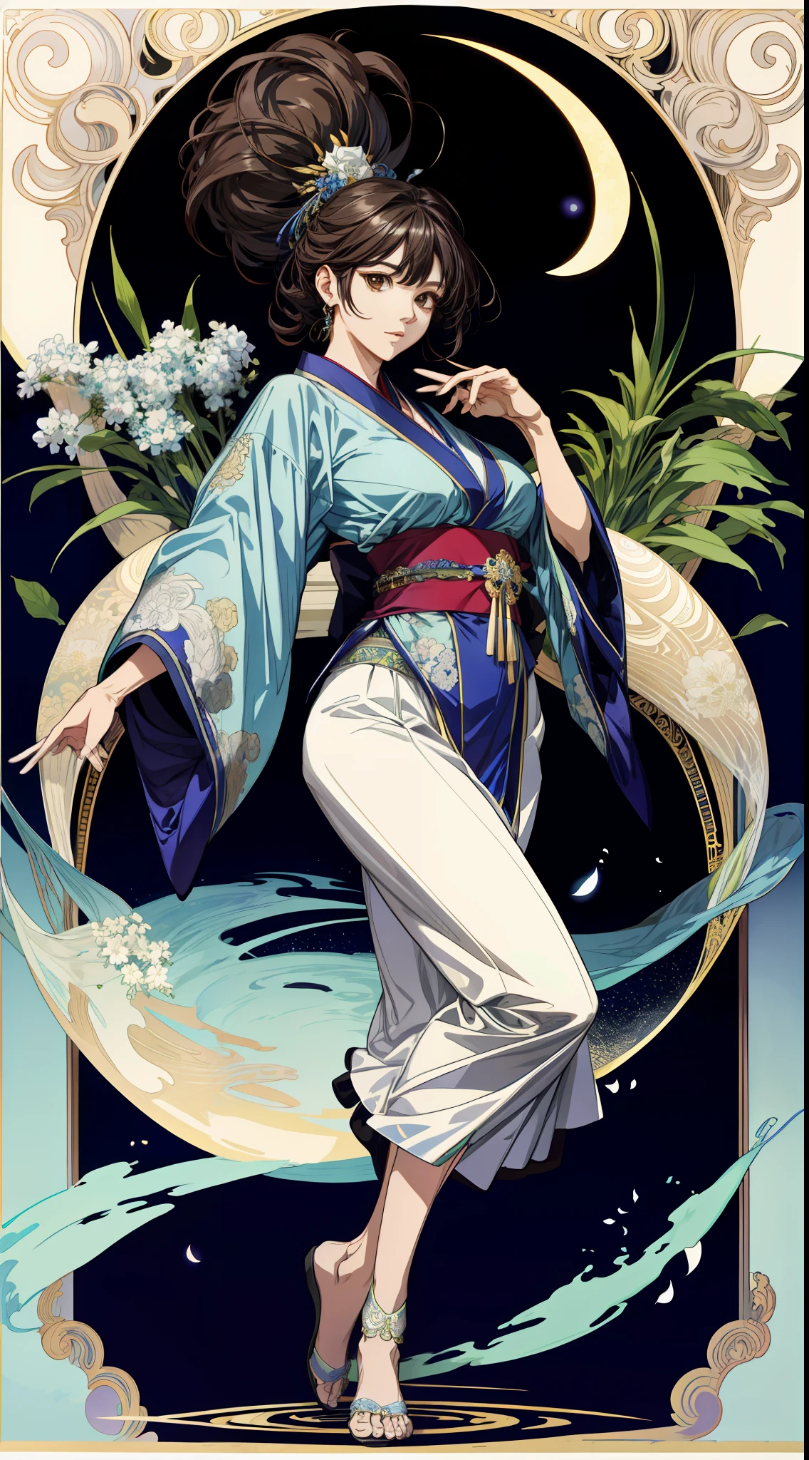 (absurderes、hight resolution、ultra-detailliert)、独奏、femele、wearing kimonos、full body Esbian、Bold poses、large full breasts、cabelos preto e longos、Brown eyes、Festival decorations、Victorian style、a matural female、A detailed face、hut\Tarot Cards\、stele、Sateen、a moon、Symbolism、Visual Arts、occult、Visual Projection、pop music、art by、Alphonse Mucha、