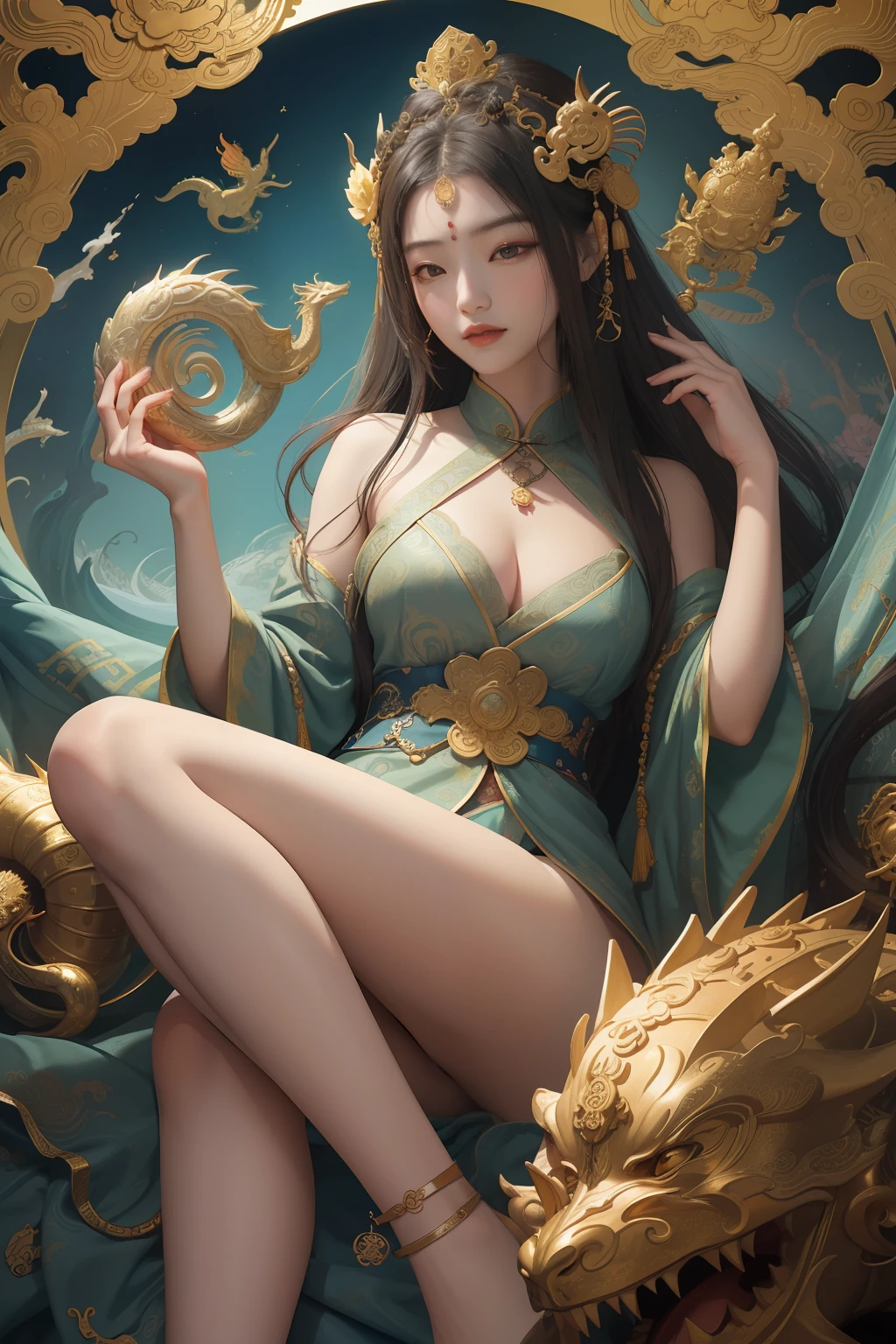 an ancient Chinese goddess, guanyin of the southern seas, Guanyin, Inspired by China, Avalokiteshvara rides a dragon，,Serene expression,shui mo hua,Buddha,Buddhist,Lotus,Chinese painting style,Thangka style