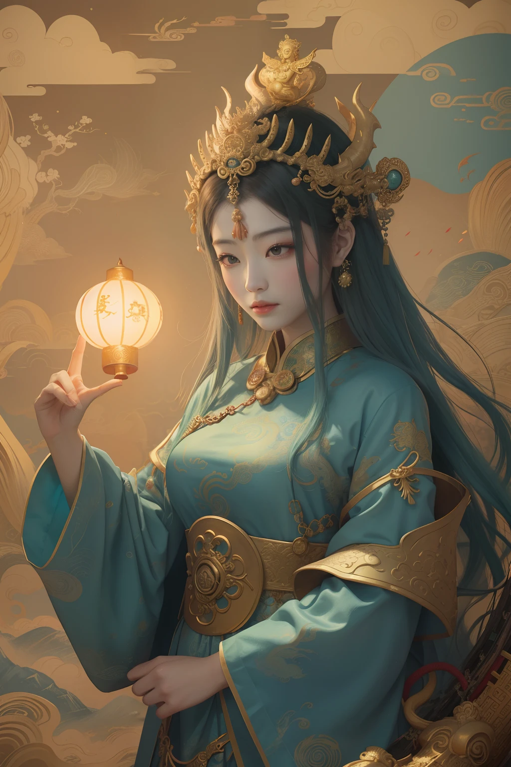 an ancient Chinese goddess, guanyin of the southern seas, Guanyin, Inspired by China, Avalokiteshvara rides a dragon,,Serene expression,shui mo hua,Buddha,Buddhist,Lotus,Chinese painting style,Thangka style