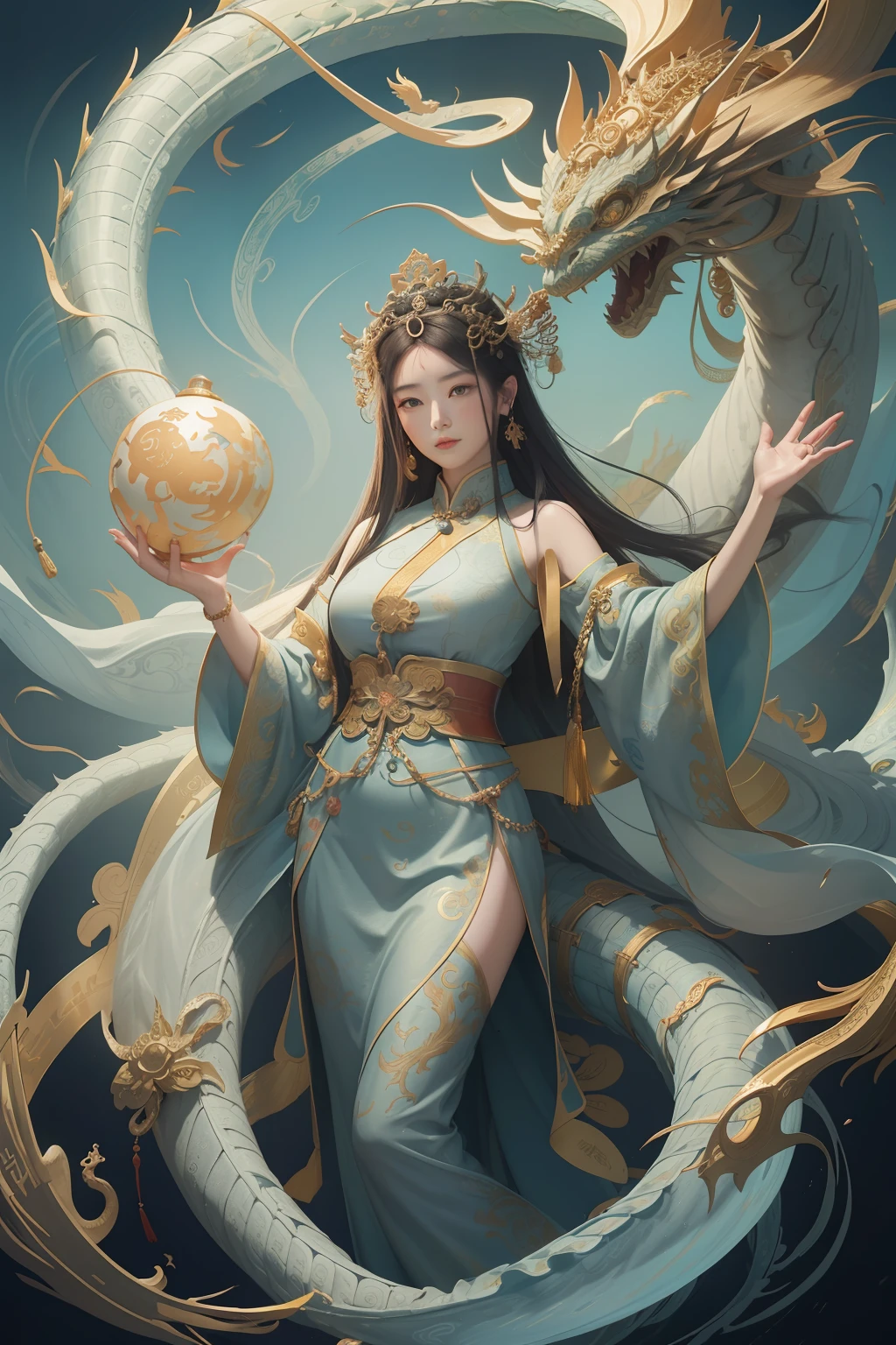an ancient Chinese goddess, guanyin of the southern seas, Guanyin, Inspired by China, Avalokiteshvara rides a dragon,,Serene expression,shui mo hua,Buddha,Buddhist,Lotus,Chinese painting style,Thangka style