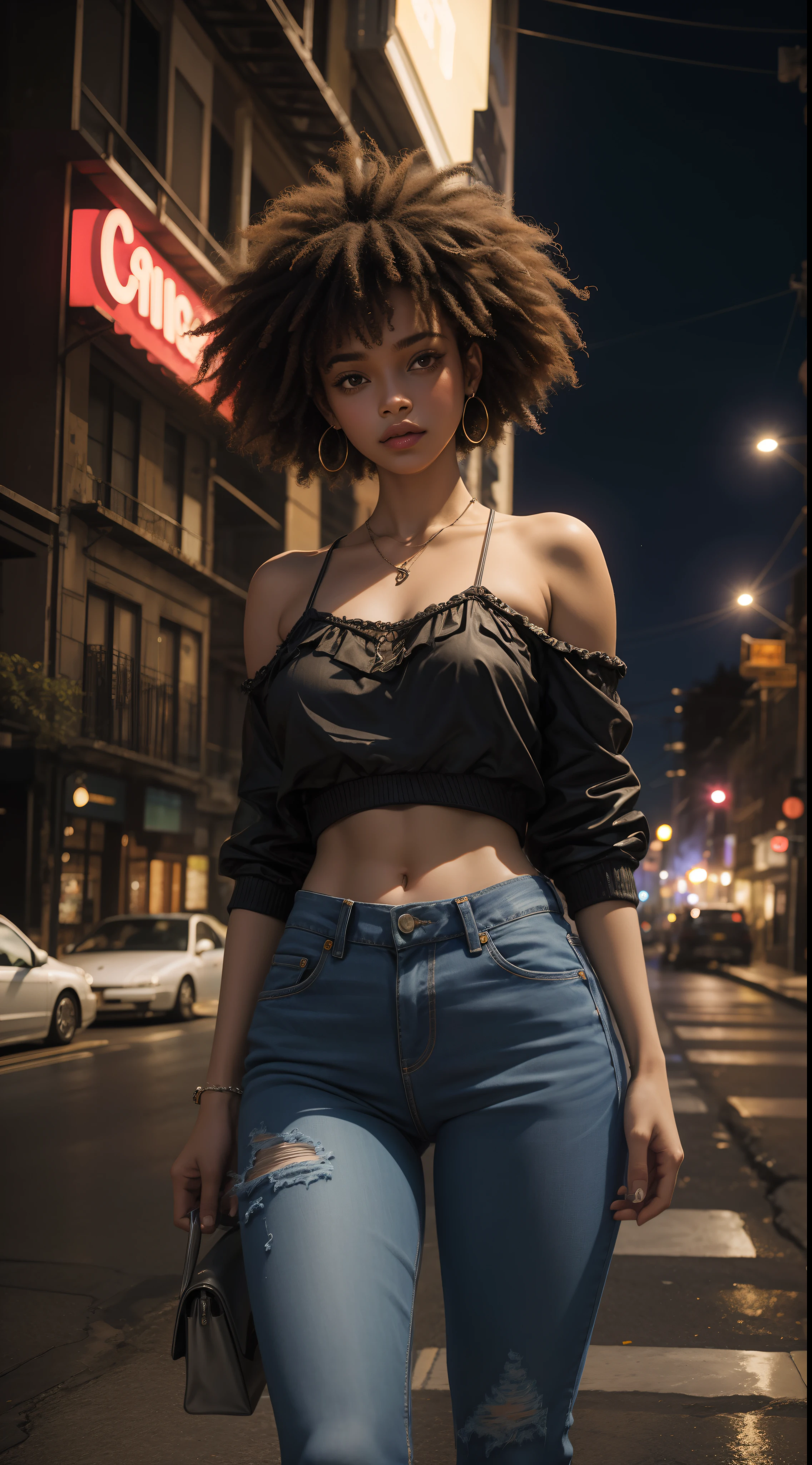 Fotografia de 1Garota de 18 anos afro-americana na chuva, corpo molhado,de saia e jaqueta jeans curta,em uma cidade a noite neon , Angle from top to bottom,8k ultra realista