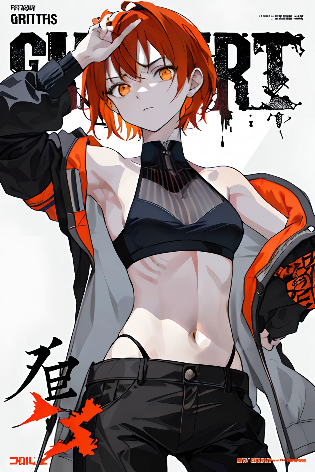 ((((Dramatic))), (((grittiness))), (((Intense))) The illustration features a young woman as the central character。She stands confidently in the center of the poster,no clothes are worn,with a determined expression on her face。The background is dark and gritty,There is a sense of danger and a strong feeling。The text is bold and eye-catching,With catchy slogans,Adds to the overall drama and excitement。The color palette is dominated by dark colors,Dotted with bright colors,Make the poster dynamic and visually striking,tachi-e (Magazines:1.3), (Cover-style:1.3), Fashionab, woman, vibrant, Outfit, posing on a, Front,rich colourful,dyna,Background with,element in,self-assured,Expressing the,halter,statement,Attachment,A majestic,coil,Runt,Touching pubic area,Scenes,text,Cover of a,boldness,attention-grabbing,titles,Fashionab,typeface,Catchy,titles,more big,Smart、moderno、Trendy、focus-on、Fashionab、(flatchest),Handsome ,orange short hair ,