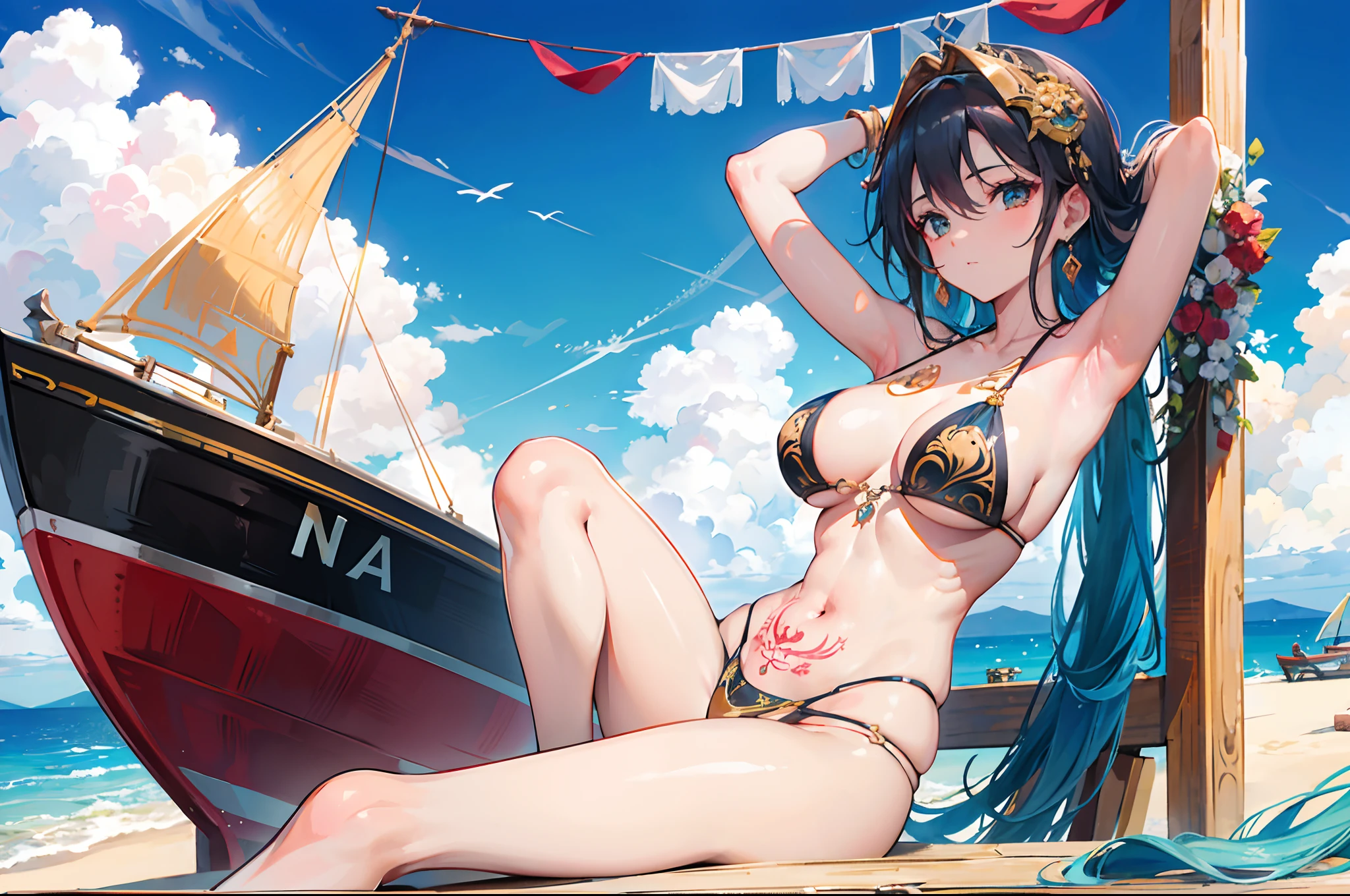 Un barco de lujo y una hermosa mujer bronceada, Cuerpo definido y tatuado tomando el sol en la proa del barco. (La mejor calidad) obra maestra