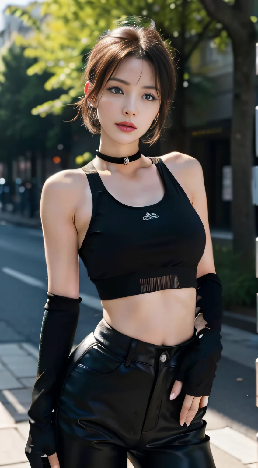 Masterpiece, Best quality, A high resolution, 1girll, cammy white, Short hair, Antenna hair, Blue eyes, scar on the cheek, Large breasts, Black choker, 鎖骨, Sports bra, midriff, Fingerless gloves, Black gloves, Black pants, standing, Cowboy shot, Outdoors, arms at sides, straight-on,